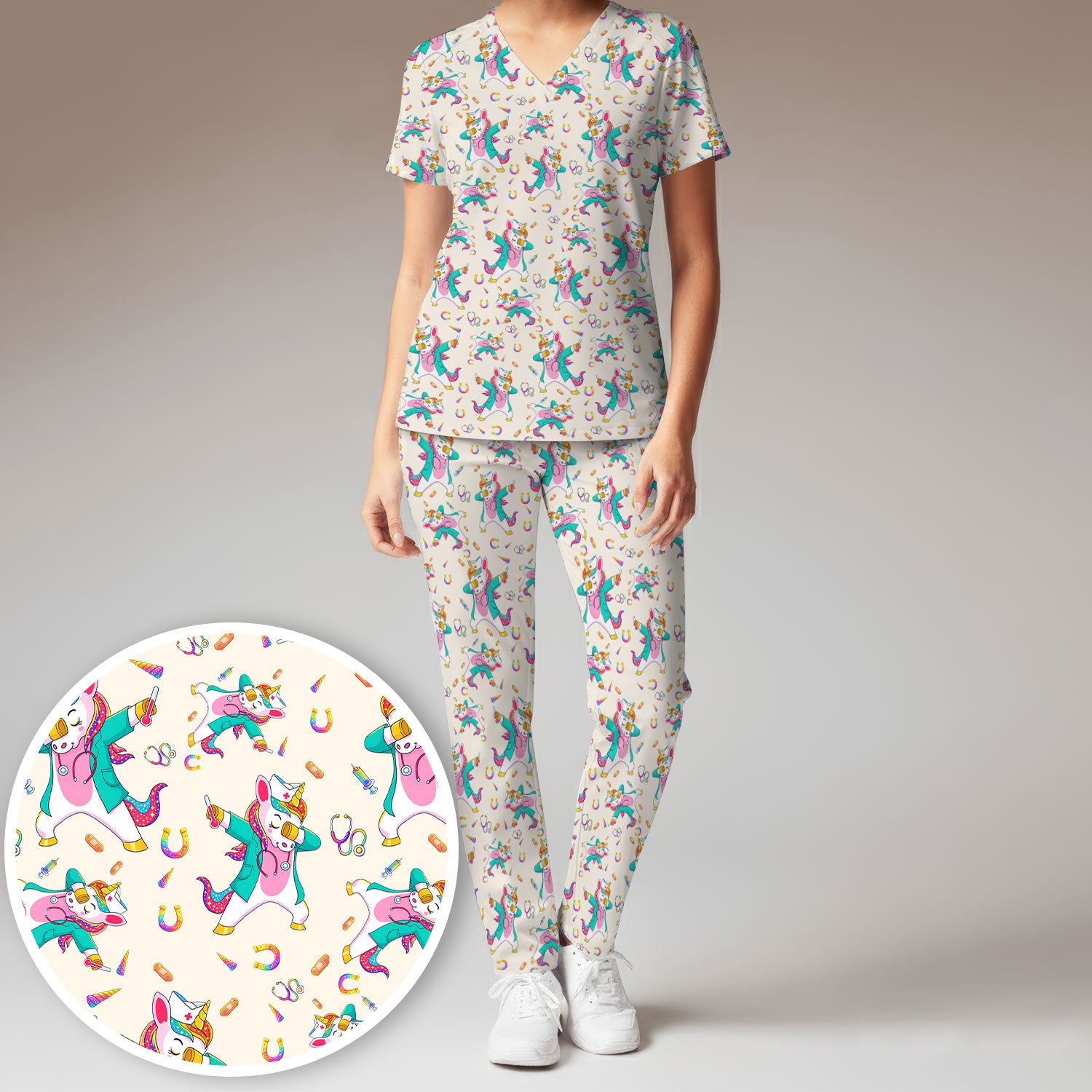 Cute Unicorn Nurse Dance Pattern Women's Sets, Scrub Pants and V Neck Top