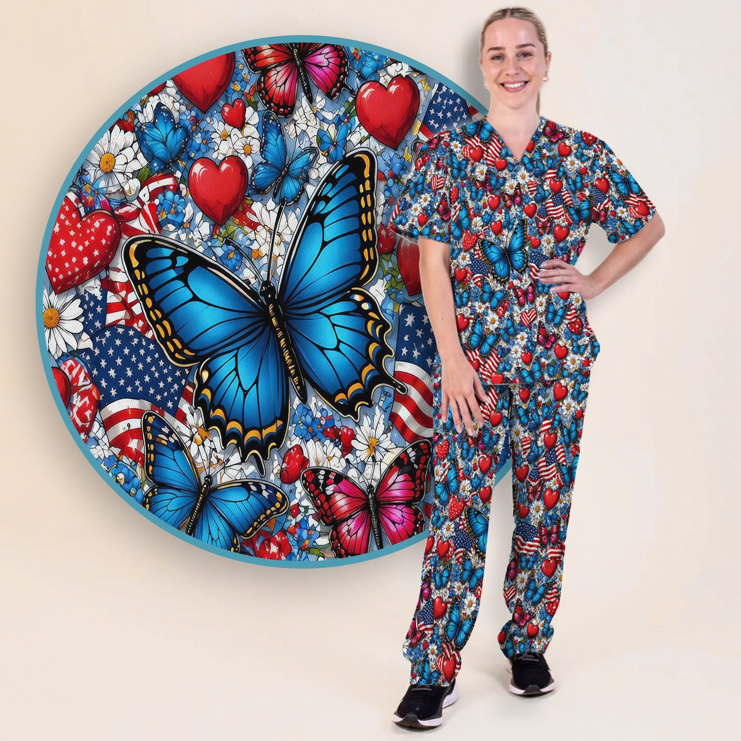 Festive Patriotic Butterfly Heart Floral Pattern Scrub Set, Scrub Pants and V Neck Top