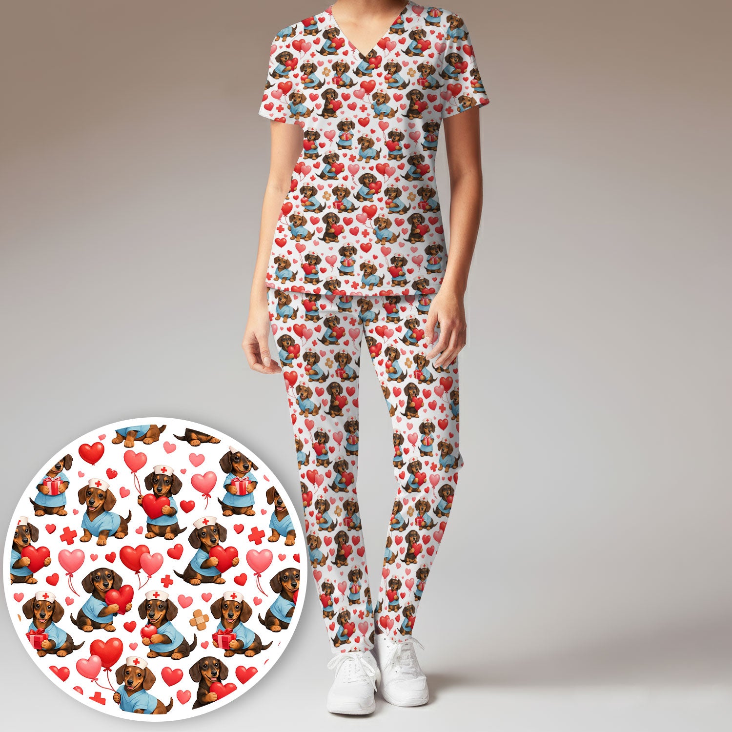 Dachshund Valentine Nurse Scrub Set, Cute  Wiener Dog Medical Pattern Shirt, Breathable Fabrics Nursing Uniform