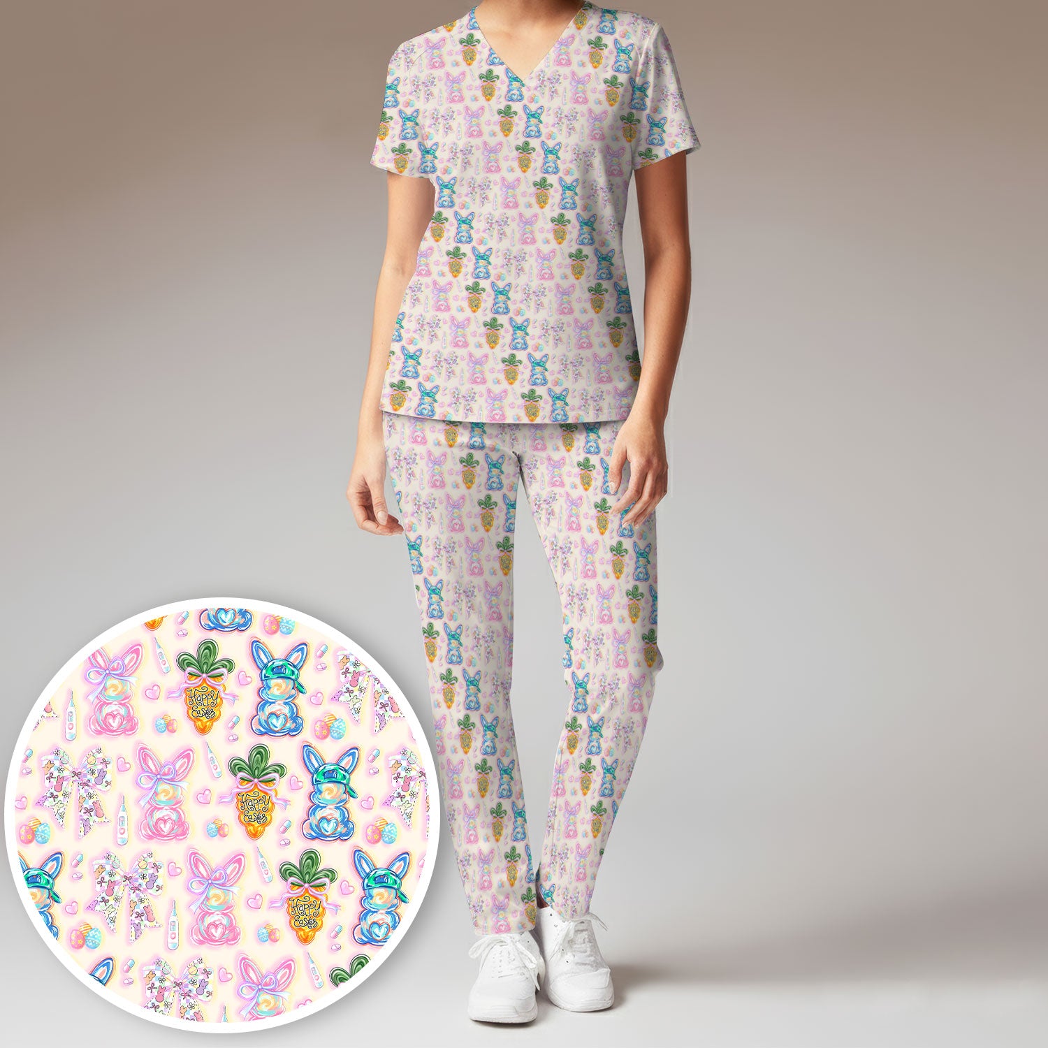 Easter Bunny Carrot Bow Floral Print Scrub Set, Breathable Med Uniform