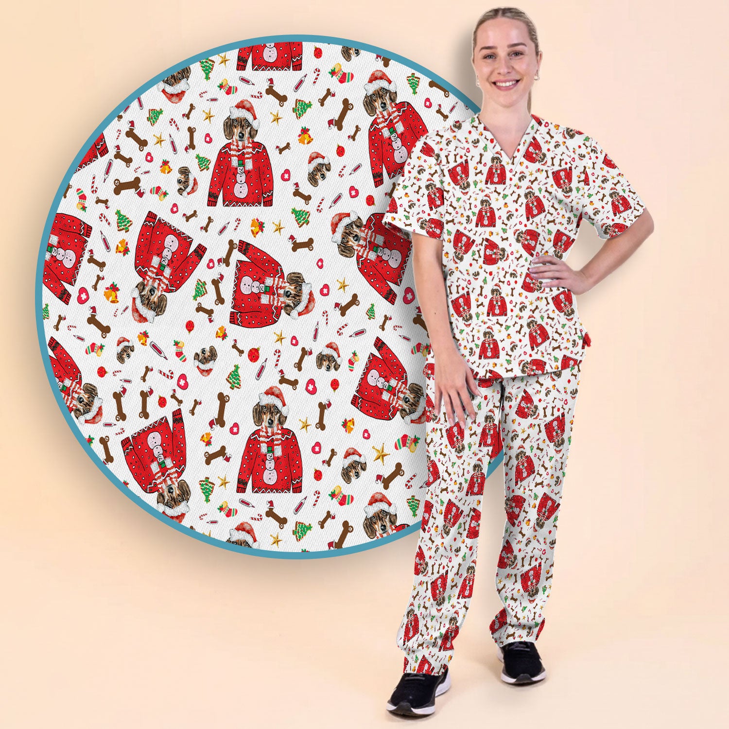 Funny Dog Christmas Scrub Set – Cute Puppy in Santa Outfit Pattern – Festive Holiday Medical Uniform For Nurses And Pet Lovers