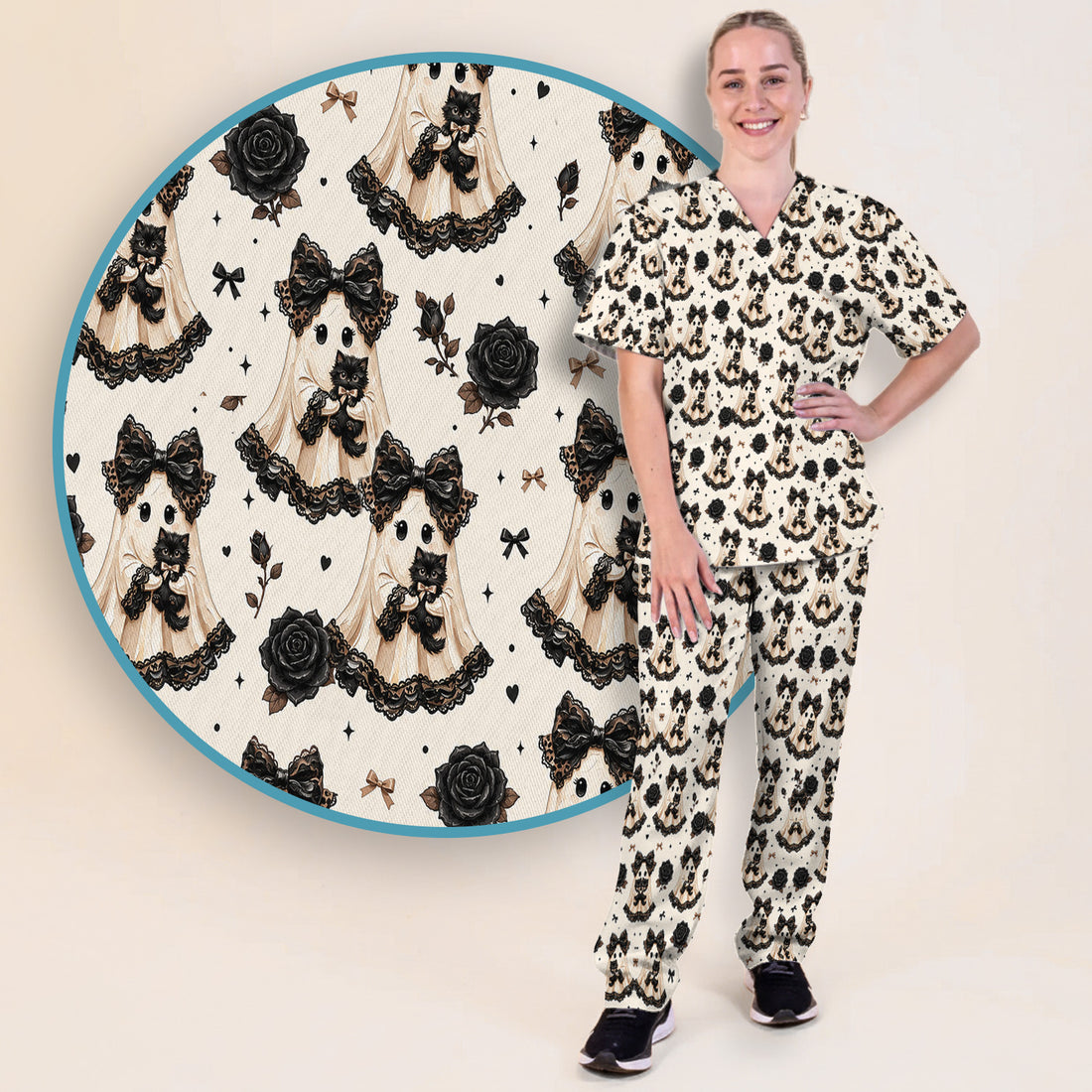 Halloween Ghost Black Cat Pattern Scrub Set, Scrub Pants and V Neck Top