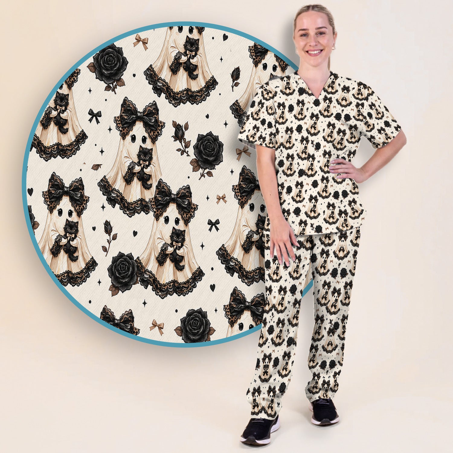 Halloween Ghost Black Cat Pattern Scrub Set, Scrub Pants and V Neck Top