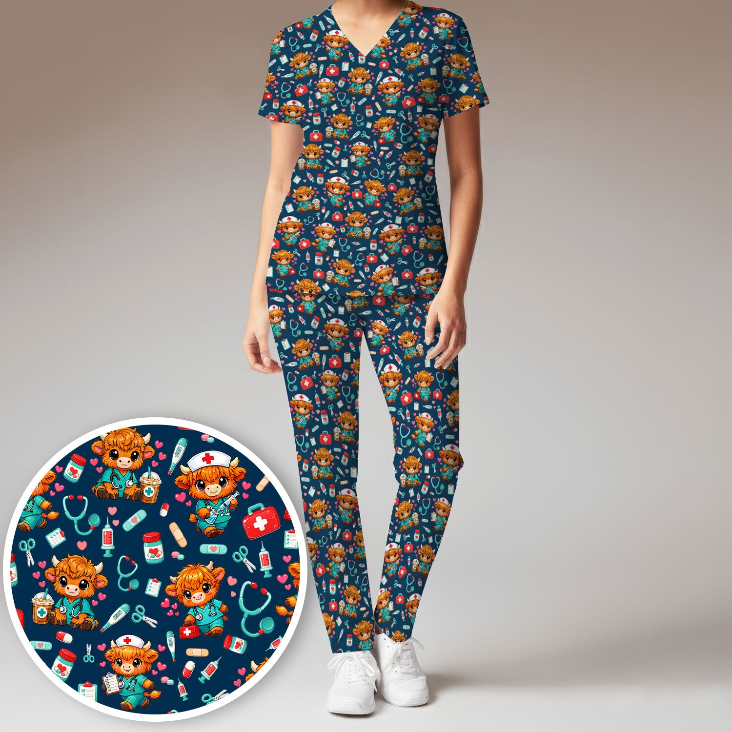 Cute Highland Cow Nurse Scrub Set, Kawaii Medical Pattern Shirt, Breathable Fabrics Nursing Uniform