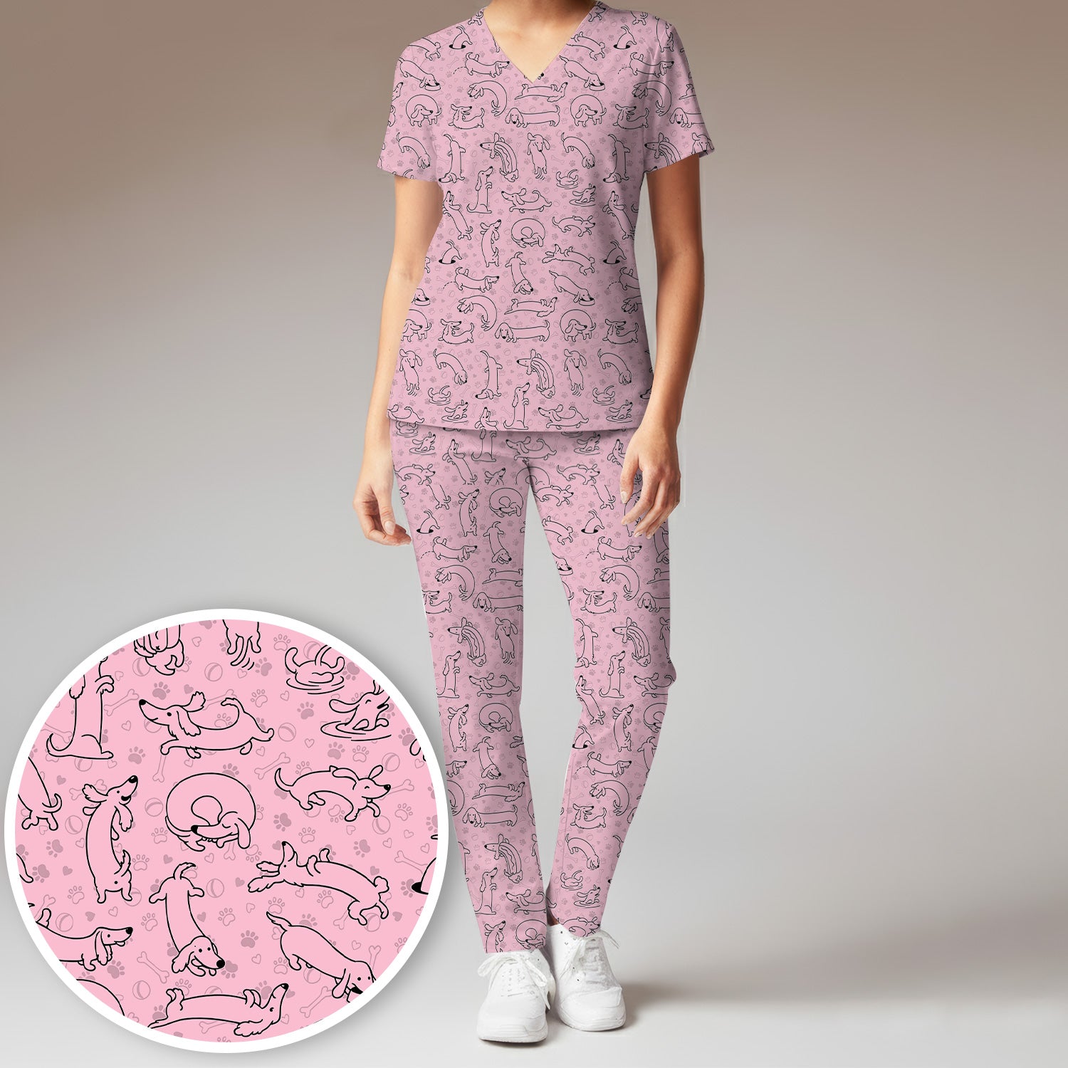 Playful Dachshund Dog Line Art Print Scrub Set, Scrub Pants and V Neck Top