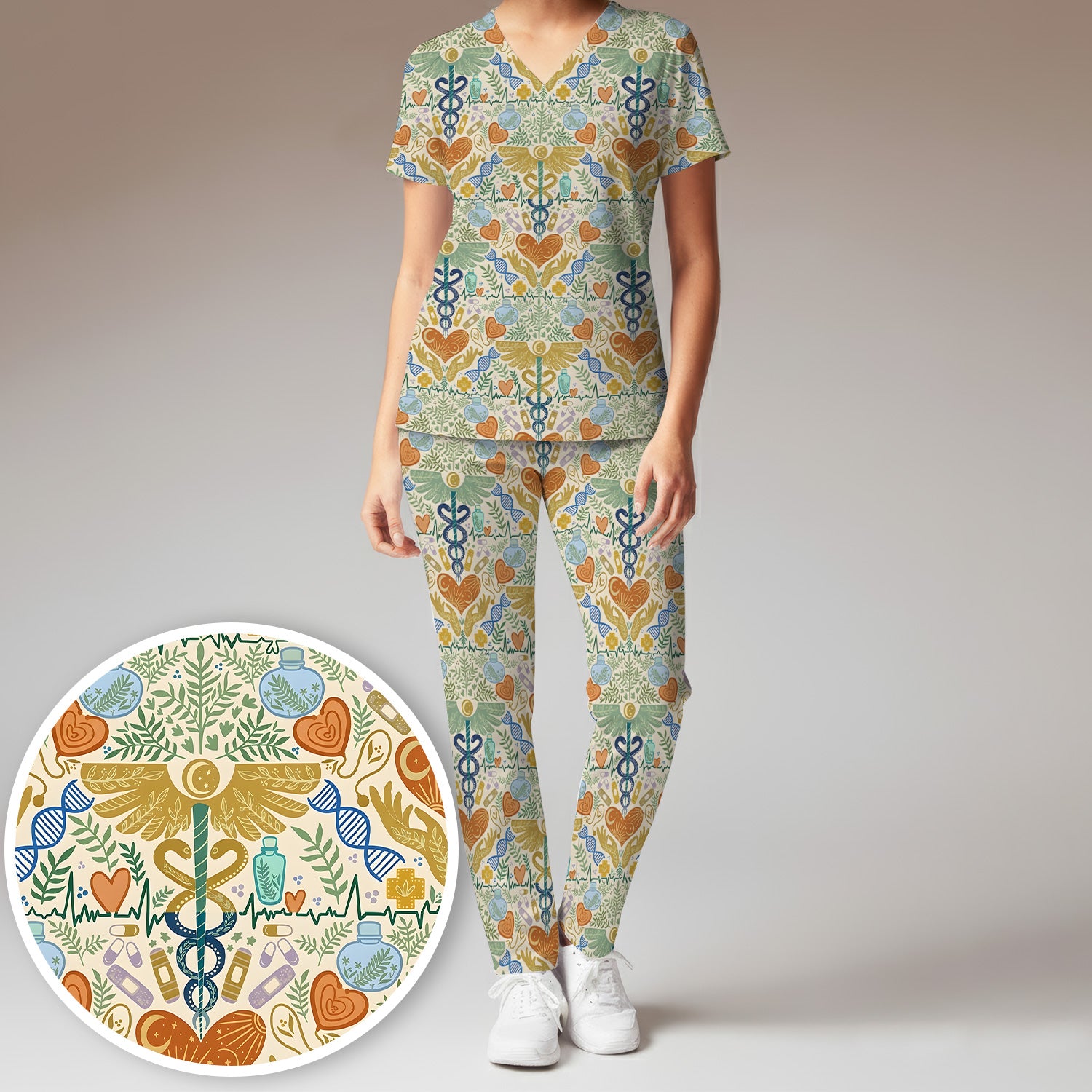Inspirational Botanical Medical Caduceus Heart Nurse Pattern Scrub Set, Breathable Med Uniform