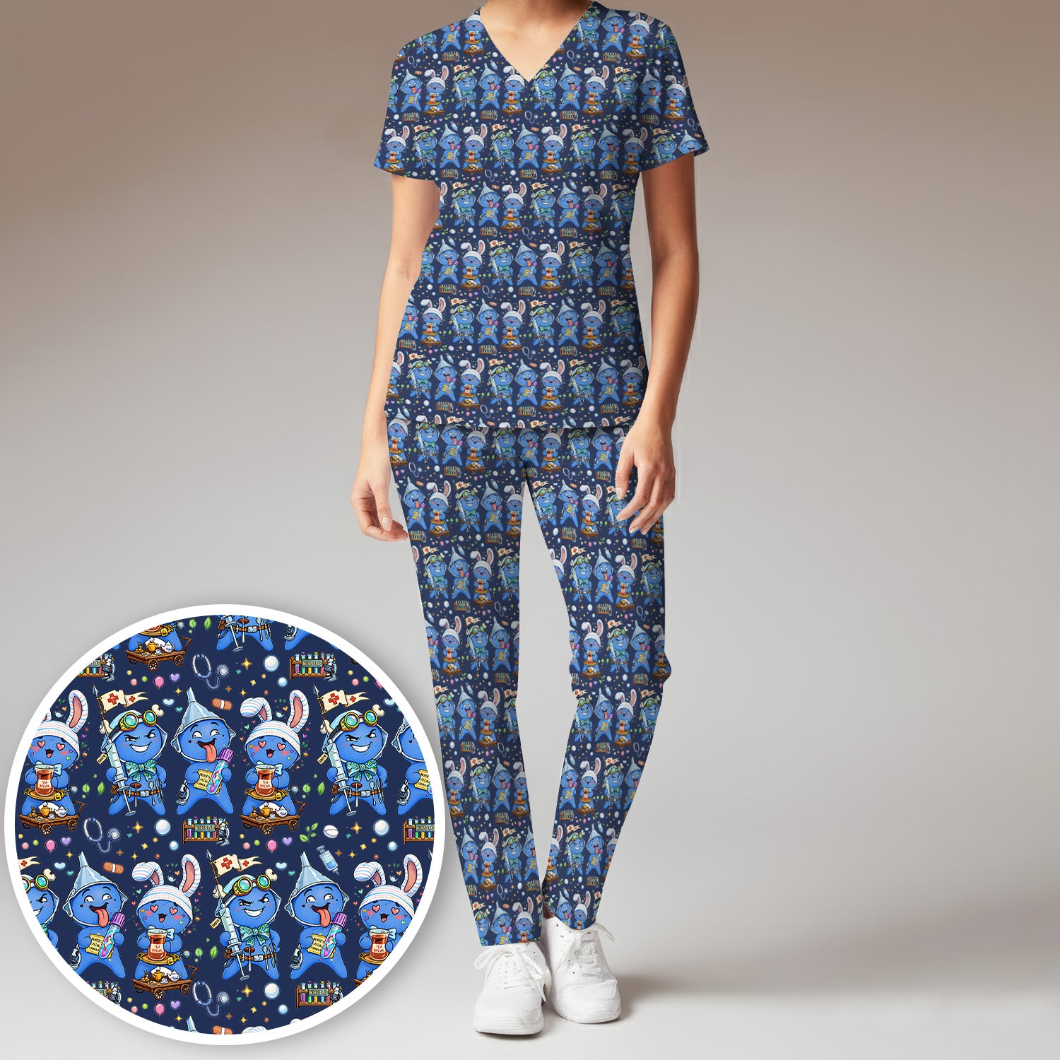 Cute Glove Doll Hospital Medical Cartoon Nurse Pattern Scrub Set, Women's Scrub Sets