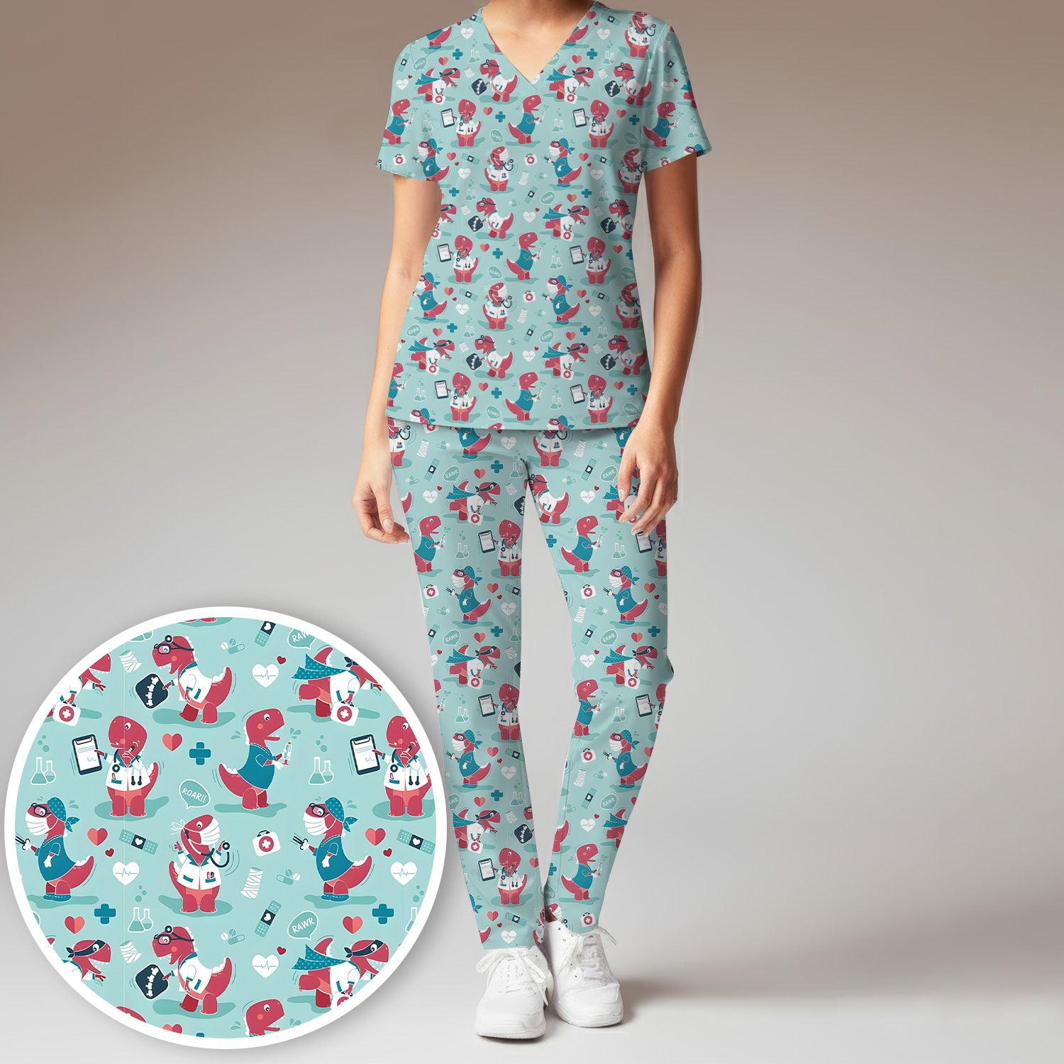 Cute Dinosaur Doctor Medical Pattern Scrub Set, Women's Scrub Sets