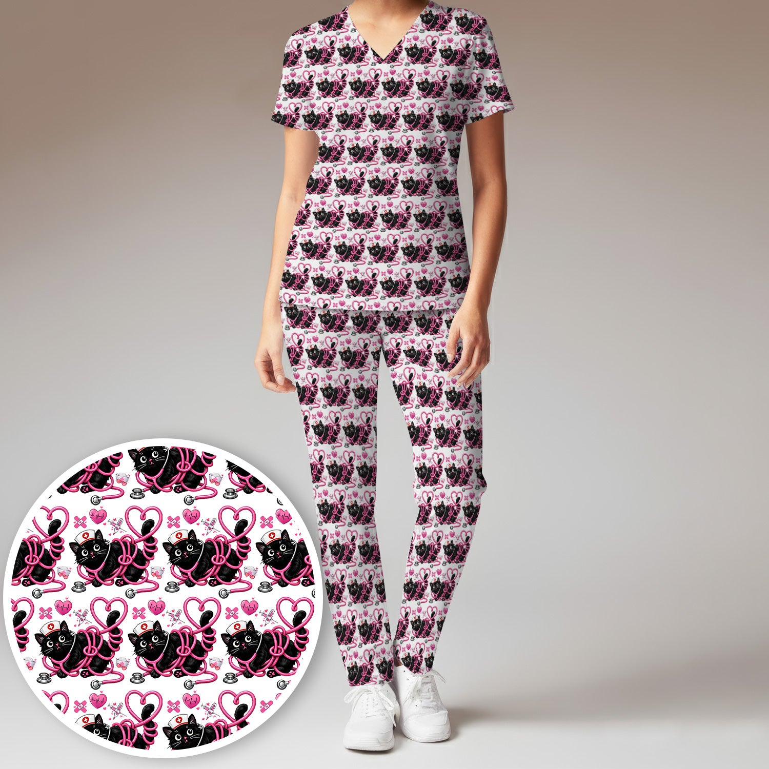 Valentine Cute Cat Nurse Heart Print Women's Scrub Set, Breathable Med Uniform