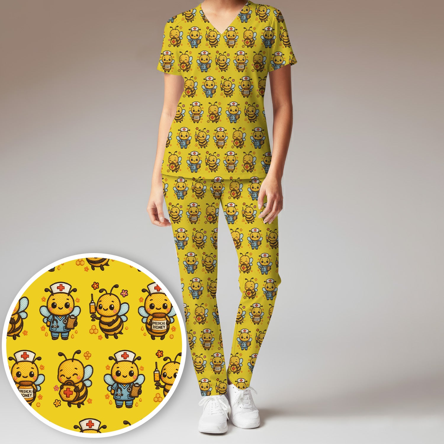 Cute Nurse Bee Scrub Set, Kawaii Medical Honey Bee Pattern Shirt for Nursing Professionals
