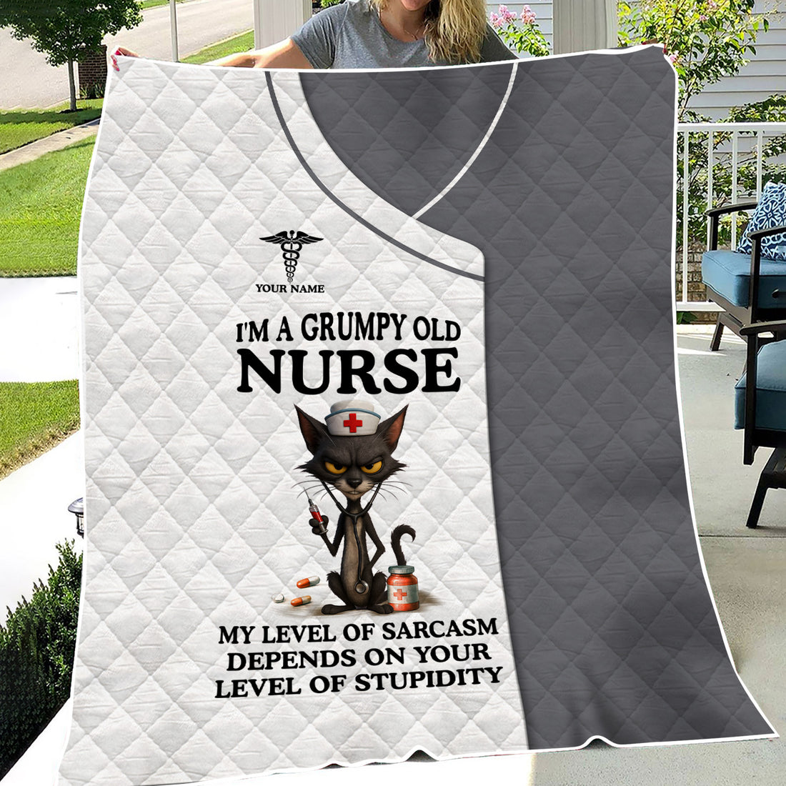 Custom Name Grumpy Old Nurse Blanket - Angry Cat Sarcastic Humor for RN LPN CNA Medical Staff Gift  - Multiple Color Options Available Keepsake