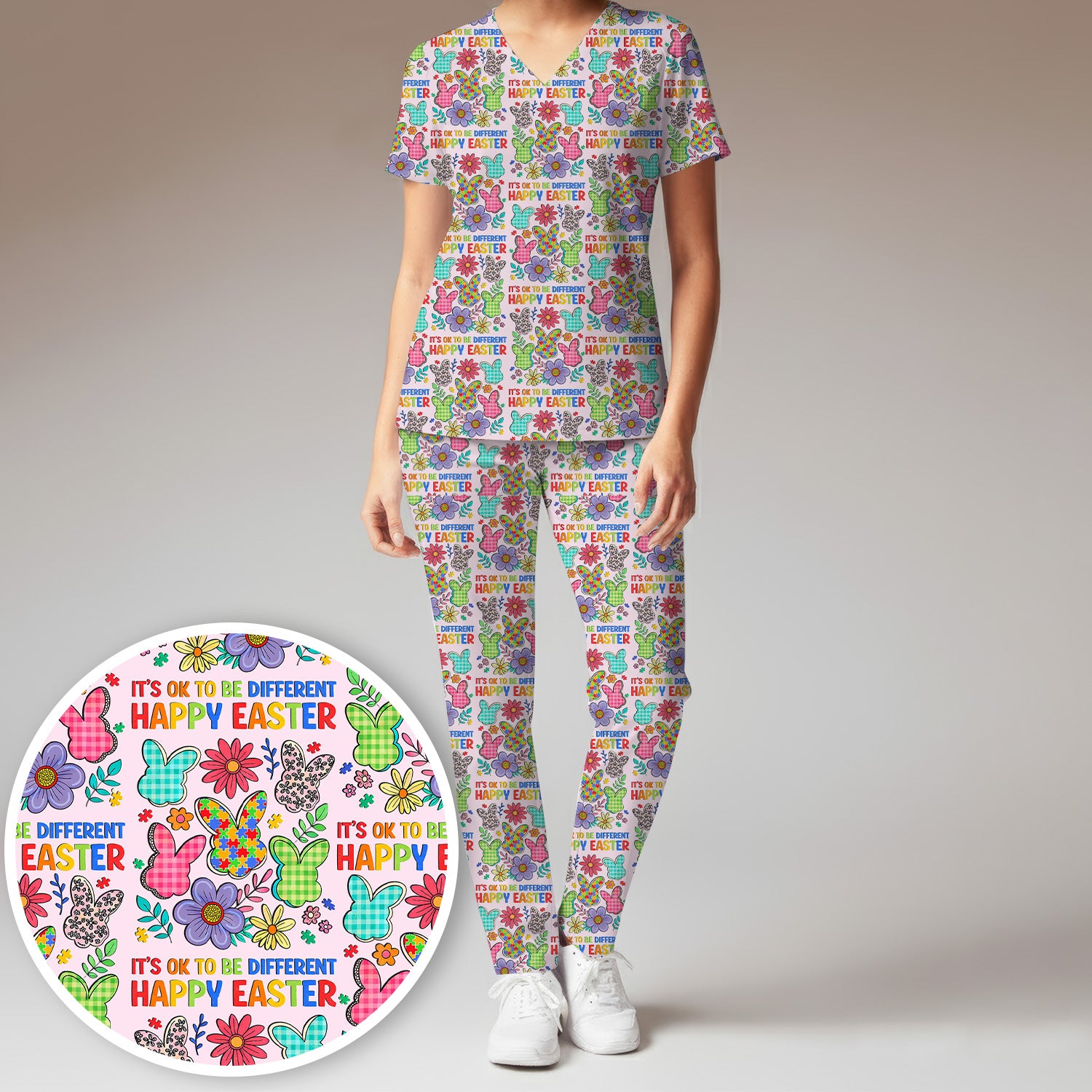 Happy Easter Bunny Floral Print Scrub Set, Breathable Med Uniform