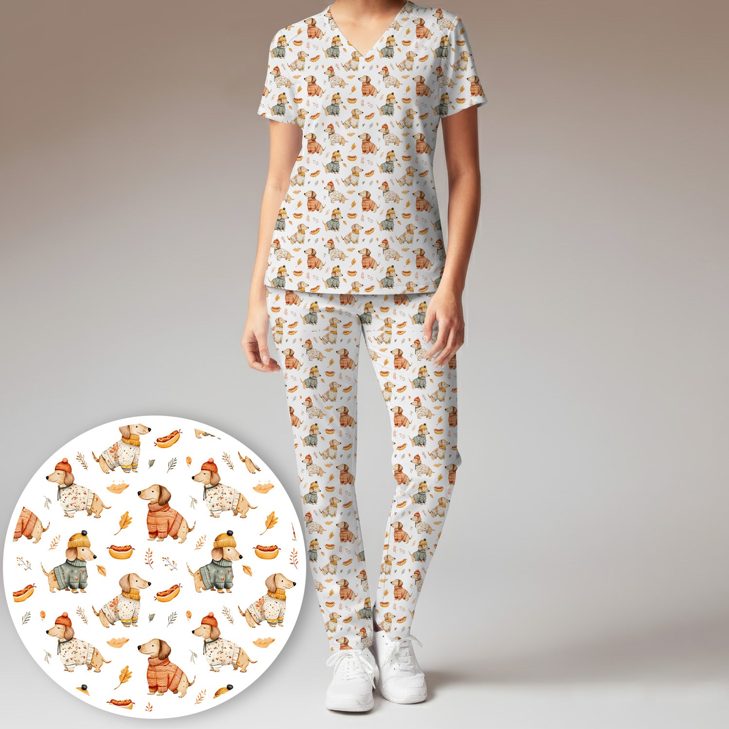 Autumn Dachshund Dog Sweater Print Scrub Set, Breathable Med Uniform