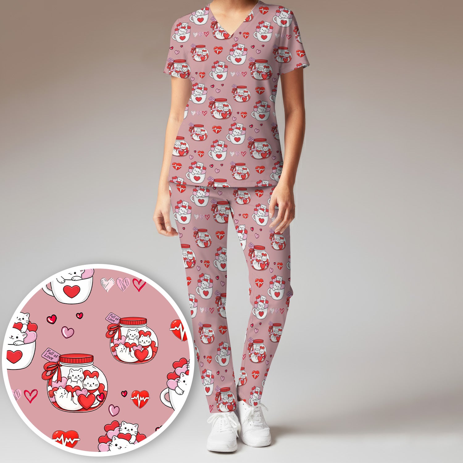 Cute Cat Valentine Nurse Scrub Set, Women's Scrub Sets Breathable Uniform