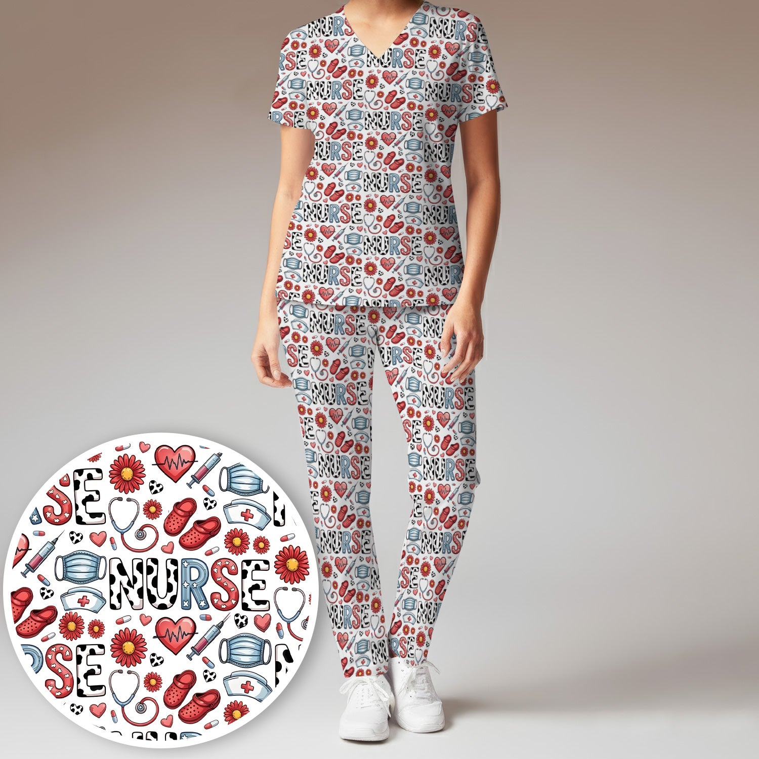 Cute Nurse Medical Icon Pattern Scrub Set, Scrub Pants and V Neck Top