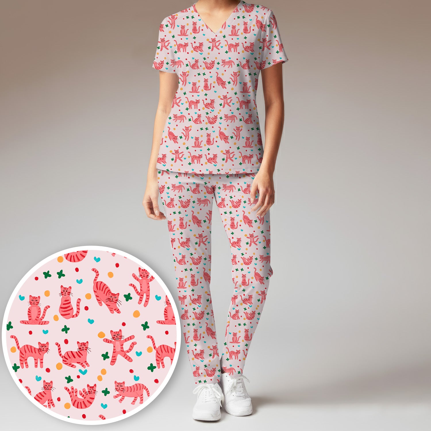 Cute Pink Cat Pattern Women's Scrub Sets, Scrub Pants and V Neck Top