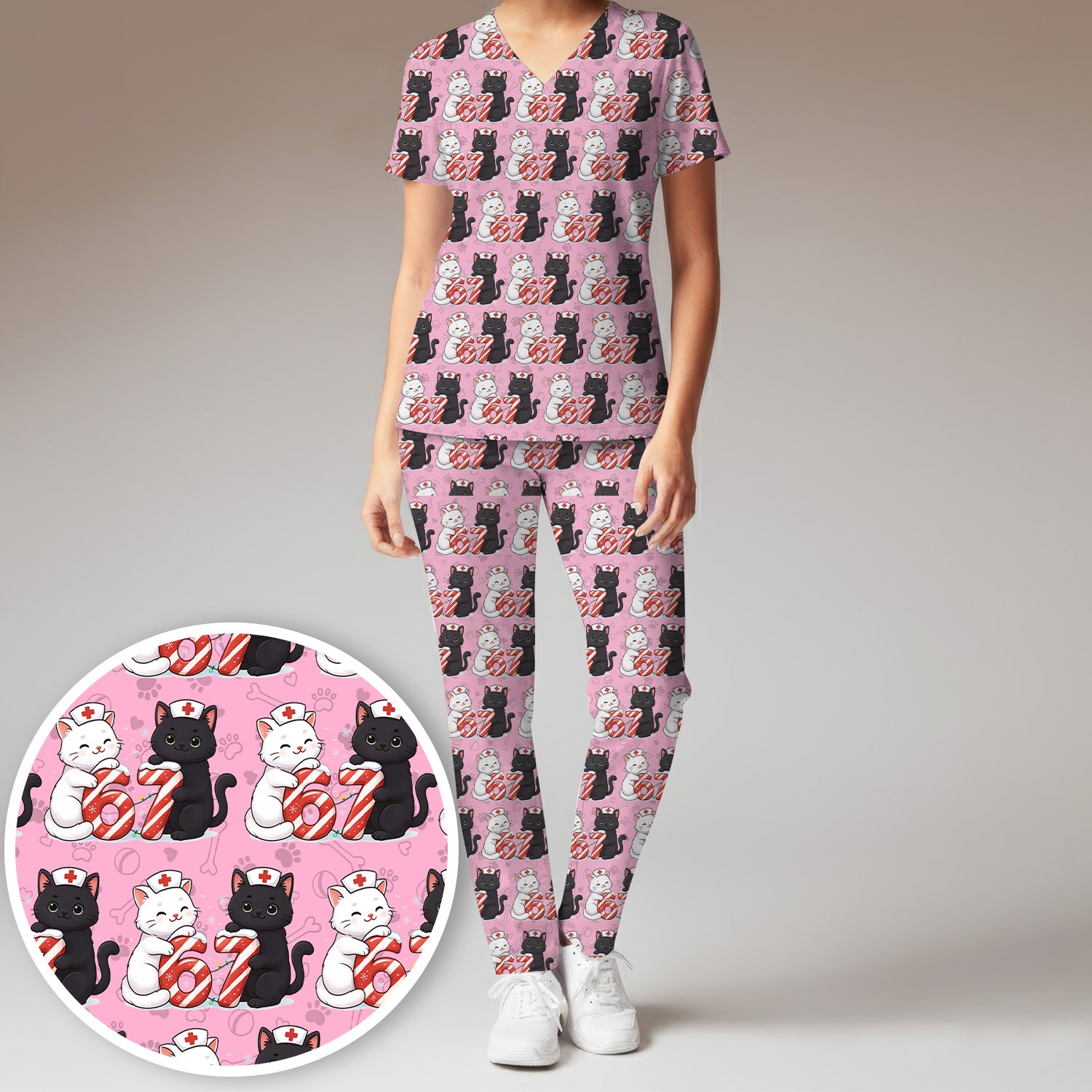 Xmas Cat Pattern Scrub Set, Christmas Nurse Six Seven With Cat Scrub Shirt, Breathable Fabrics Nursing Uniform