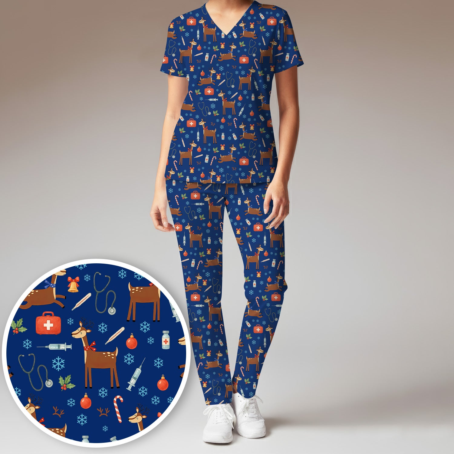 Christmas Reindeer Scrub Set for Nurses - Cute Reindeers Snowflakes Candy Canes - Comfortable Med Uniform