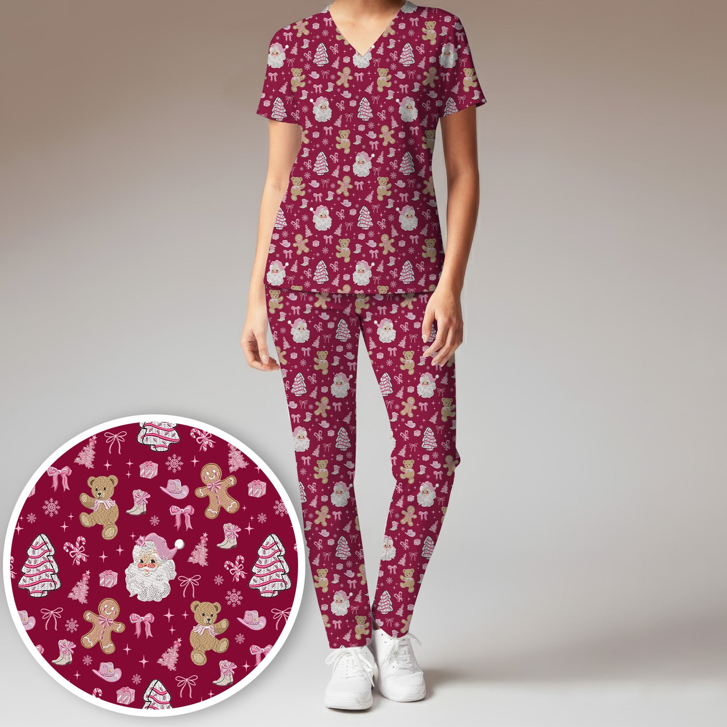Pink Christmas Santa Gingerbread Scrub Set, Cute Holiday Medical Pattern Shirt, Breathable Fabrics Nursing Uniform