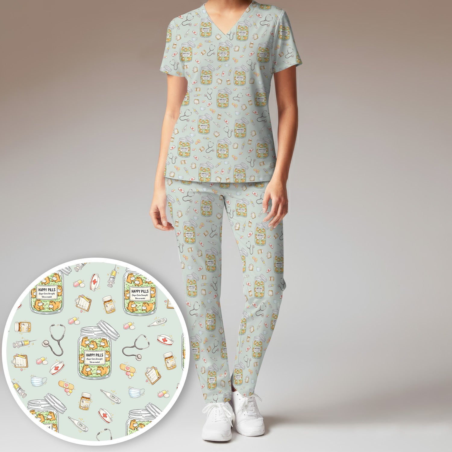 Happy Pills Horse Medical Print Women's Scrub Set, Scrub Pants and V-Neck Top