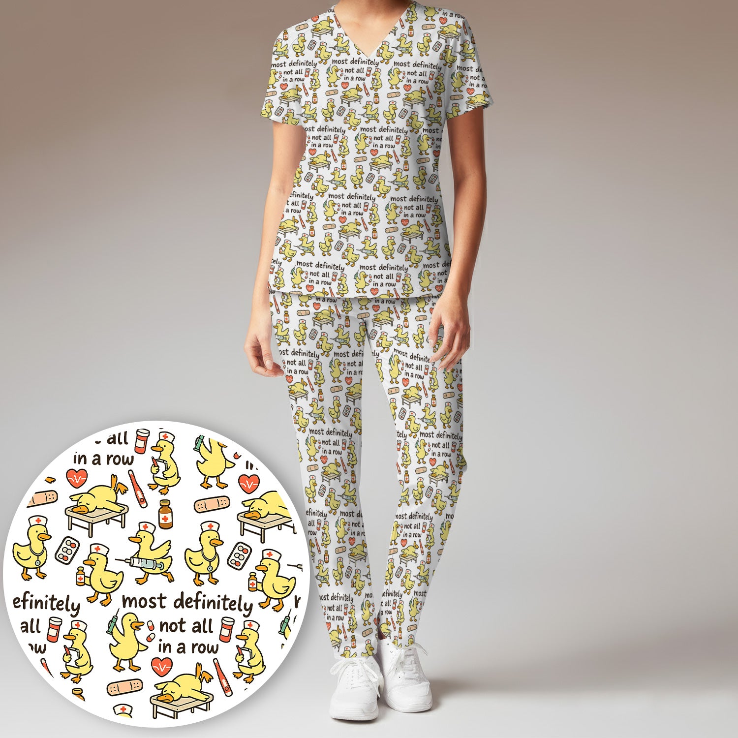 Funny Nurse Duck Medical Humor Pattern Scrub Set, Scrub Pants and V Neck Top