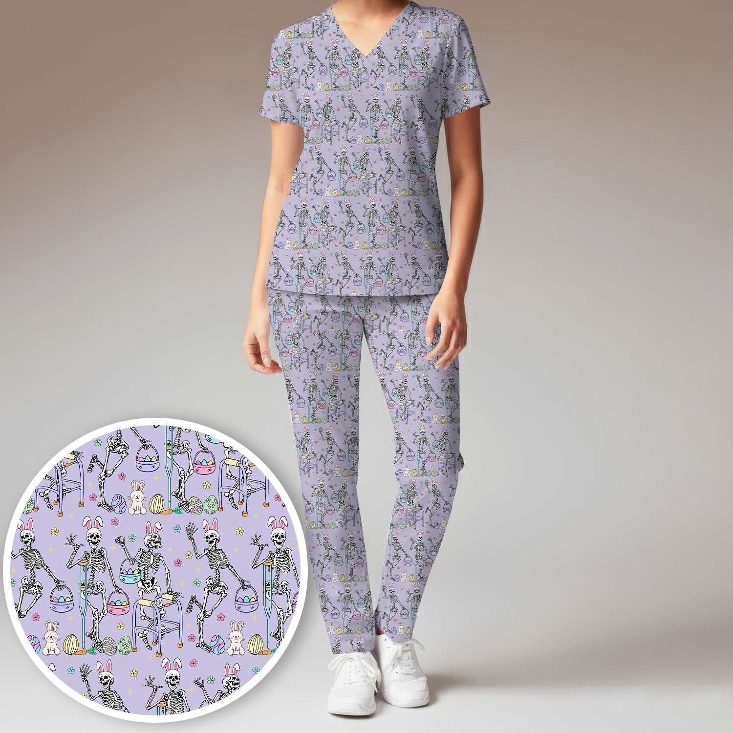 Fun Skeleton Bunny Easter Print Scrub Set, Scrub Pants and V Neck Top