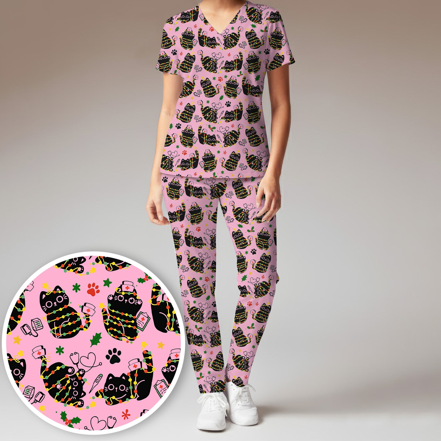 Black Cat Christmas Scrub Set – Nurse & Holiday Lights Pattern Shirt – Cute Medical Uniform For Nursing