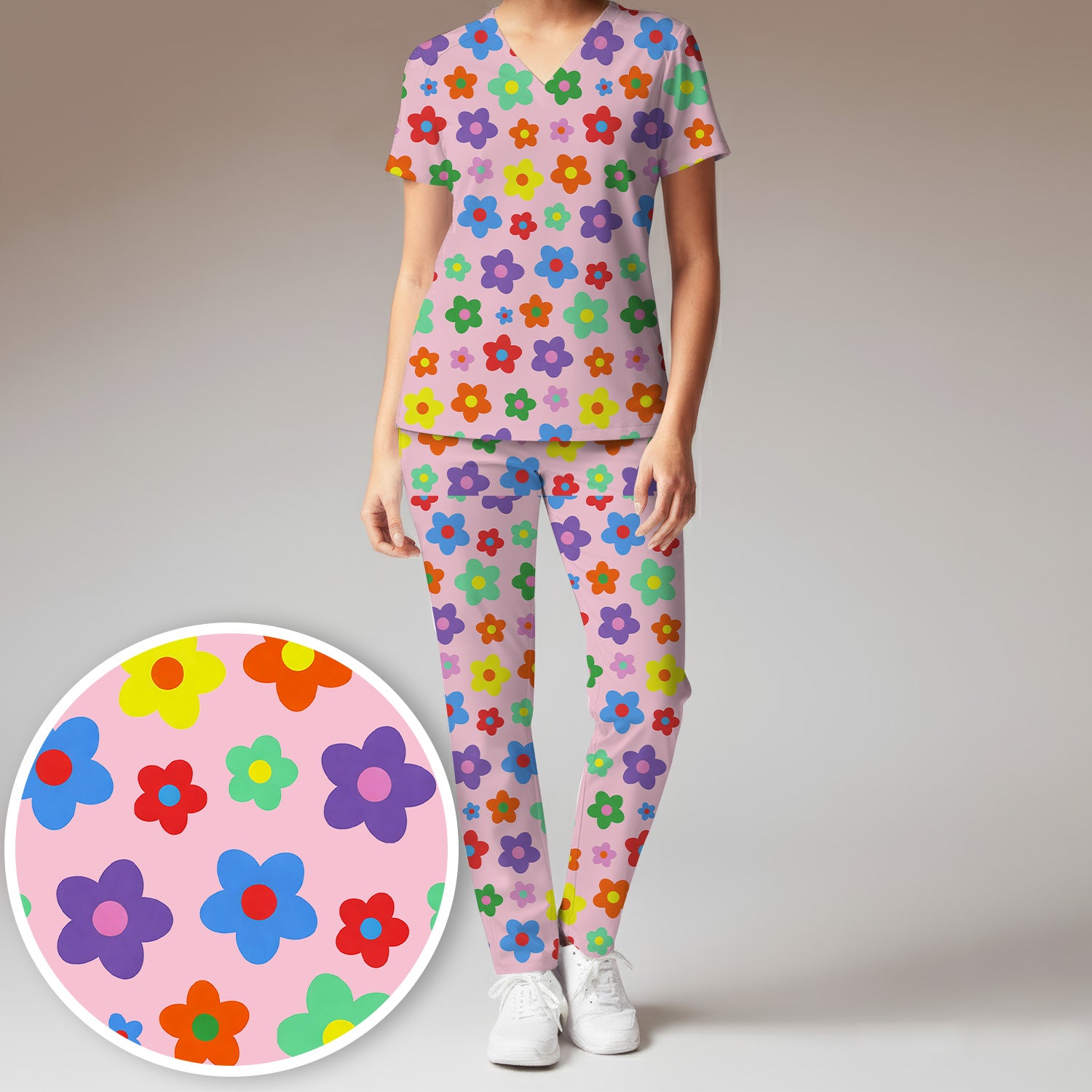 Colorful Retro Flower Pattern Print Scrub Set, Scrub Pants and V Neck Top