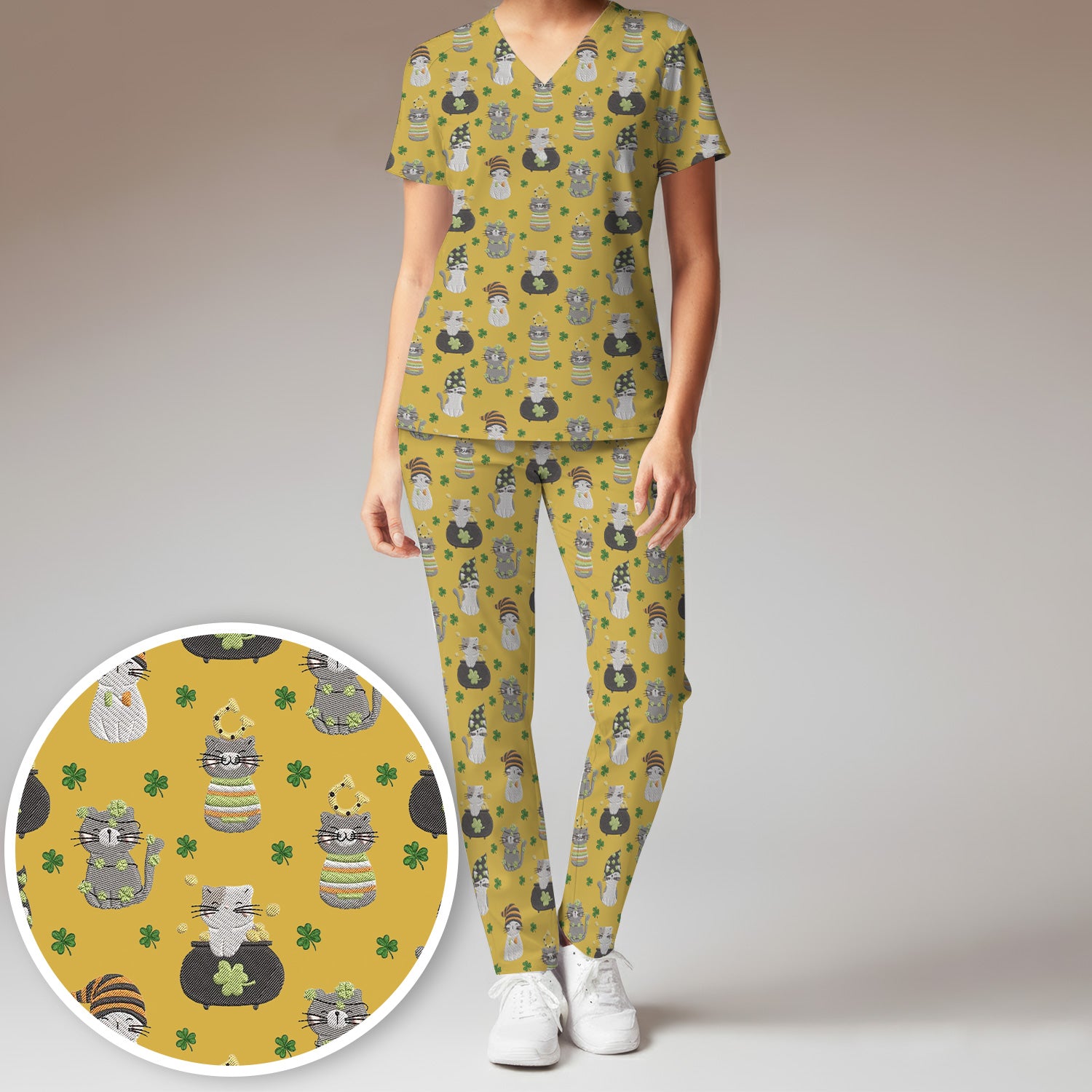 St. Patrick’s Day Scrub Set, Lucky Cat With Shamrock Pattern Shirt, Breathable Fabrics Nursing Uniform