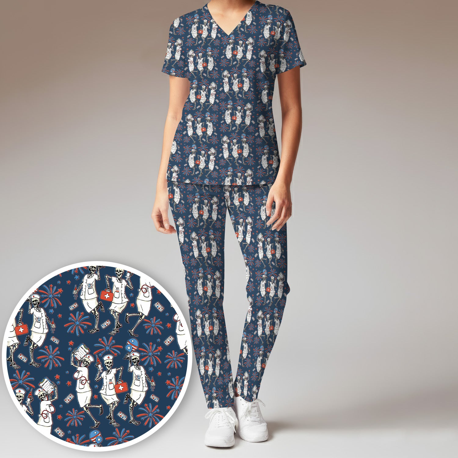 Funny Skeleton Nurse Patriotic Print Scrub Set, Scrub Pants and V Neck Top