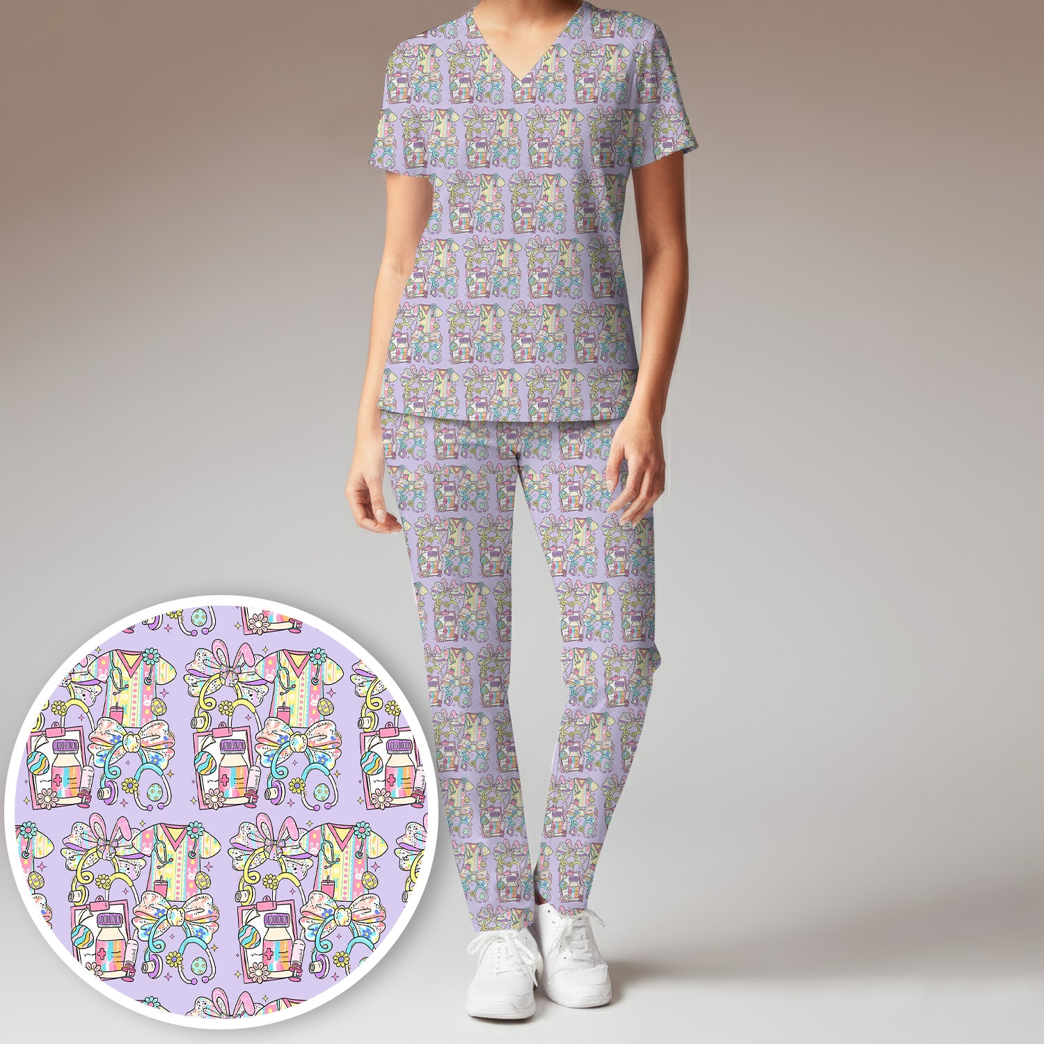 Colorful Nurse Scrub Supplies Pattern Scrub Set, Scrub Pants and V Neck Top