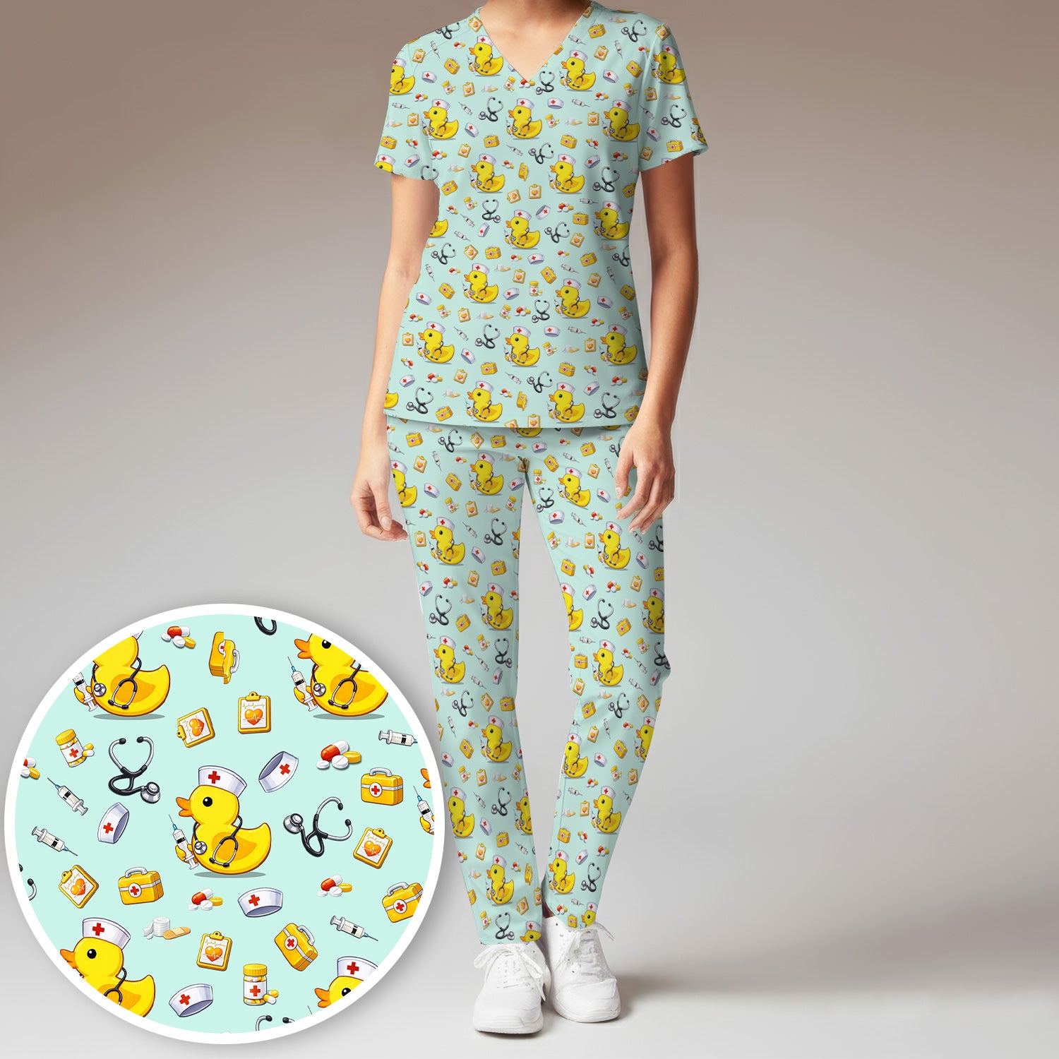 Playful Medical Duck Print Women's Scrub Set, Breathable Med Uniform