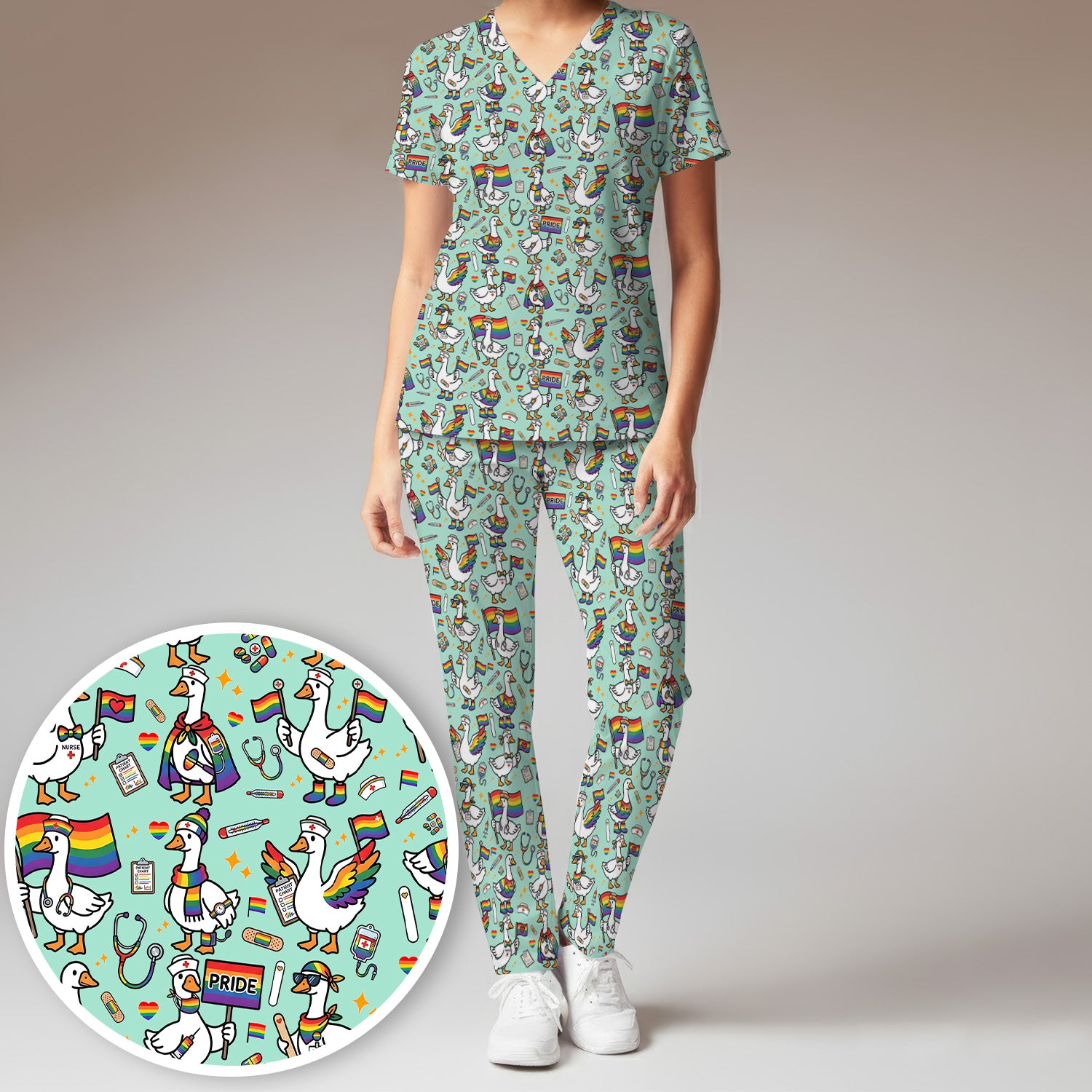 LGBT Pride Nurse Duck Pattern Scrub Set, Breathable Med Uniform