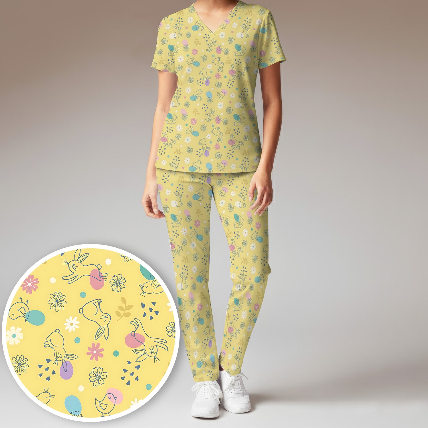 Whimsical Easter Bunny Eggs Pattern Scrub Set, Scrub Pants and V Neck Top