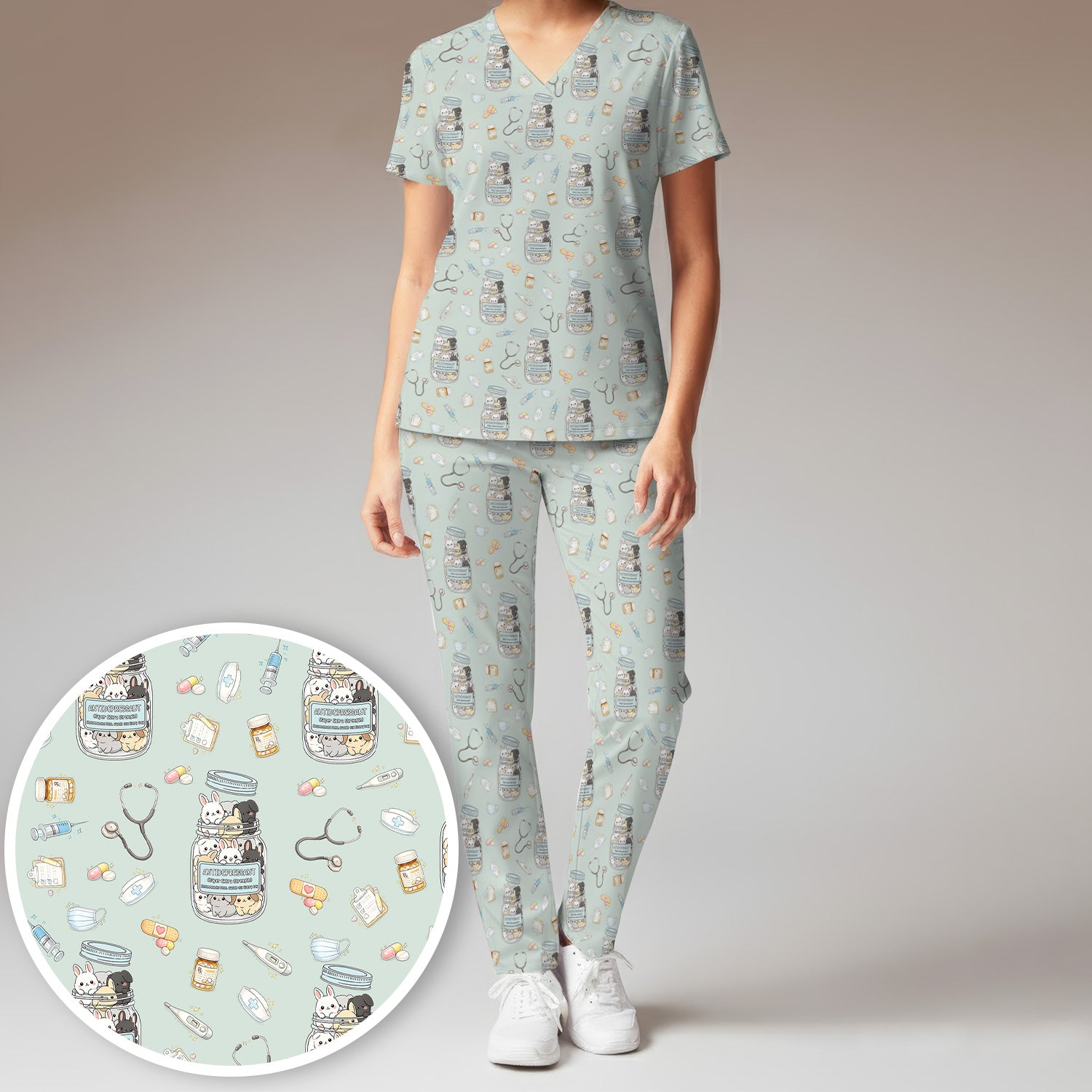 Whimsical Antidepressant Rabbit Jar Design Scrub Set, Scrub Pants and V-Neck Top