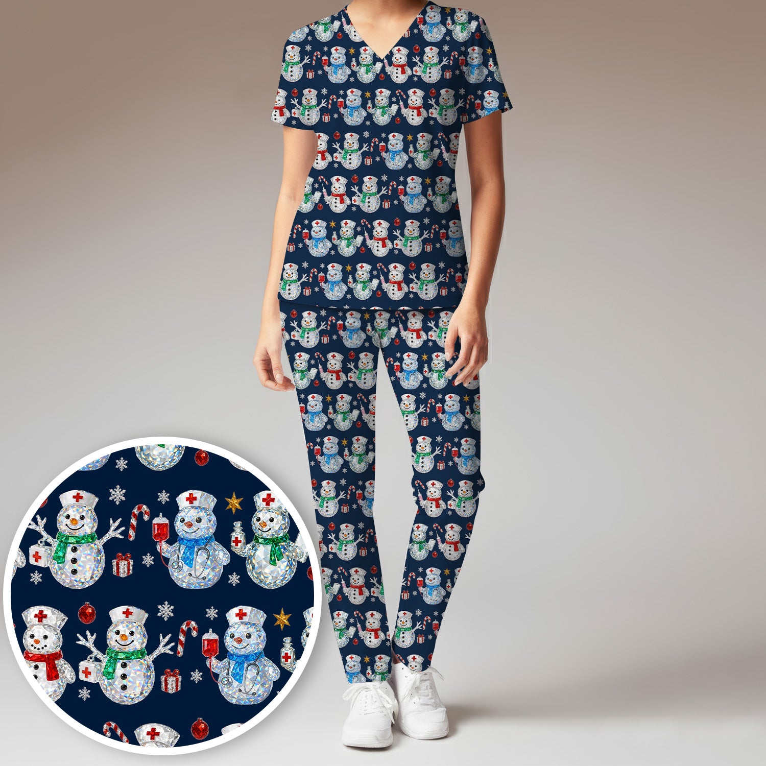 Nurse Snowman Christmas Scrub Set, Cute Holiday Medical Pattern Shirt For Women, Winter Snowflake Nursing Uniform