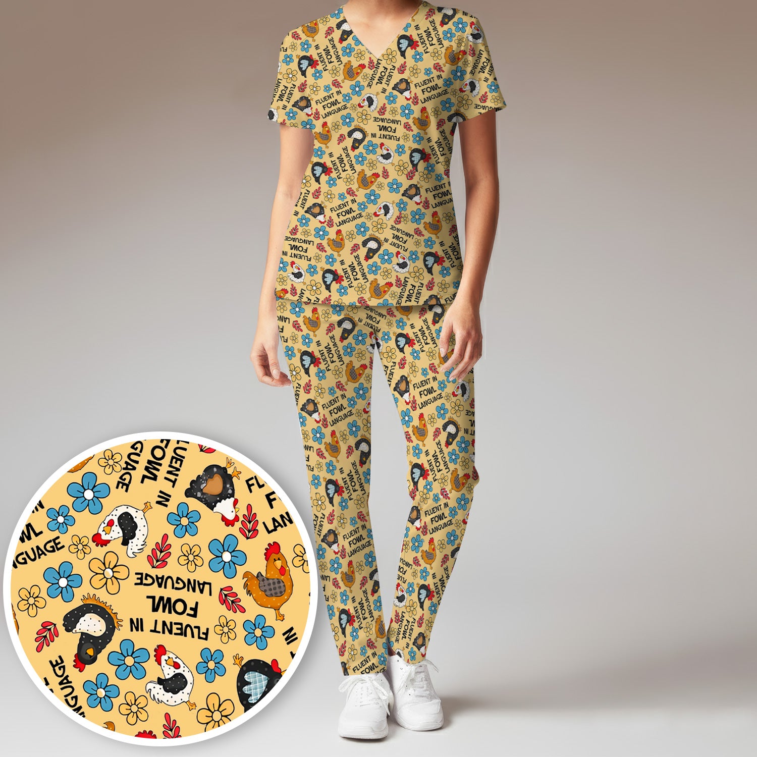 Funny Chicken Fluent in Fowl Language Pattern Scrub Set, Scrub Pants and V Neck Top