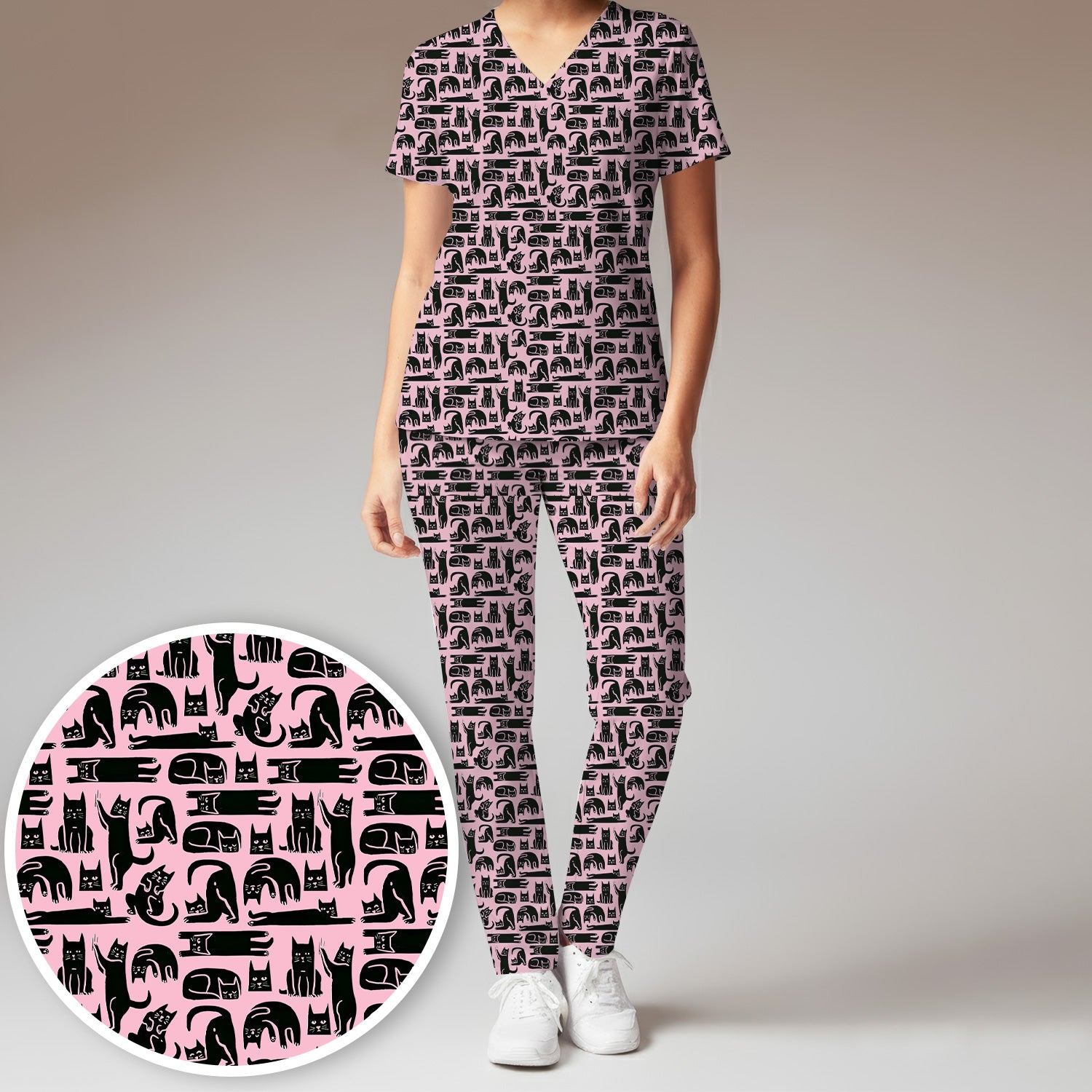 Cute Funny Cat Poses Print Scrub Sets, Scrub Pants and V Neck Top