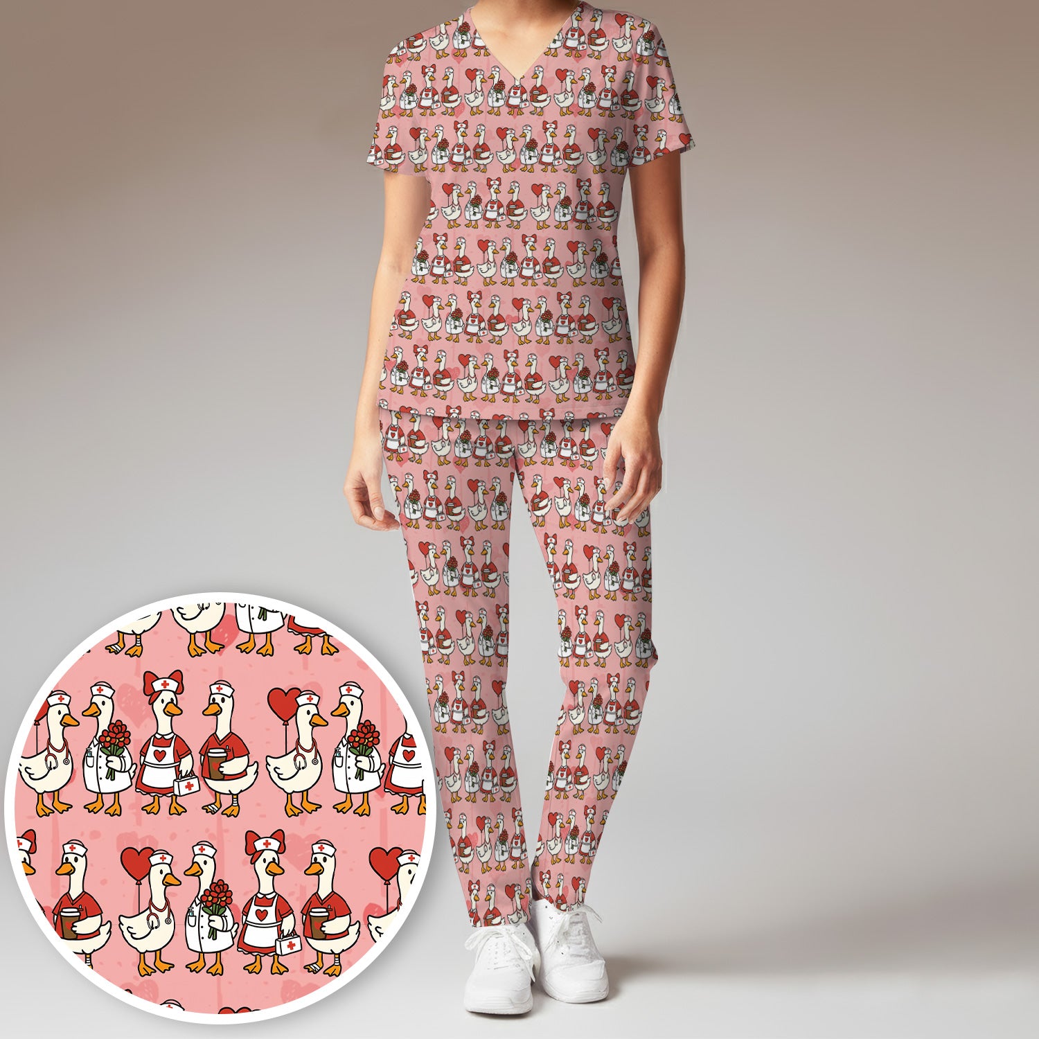 Valentine Nurse Goose with Heart Pattern Scrub Set, Scrub Pants and V Neck Top