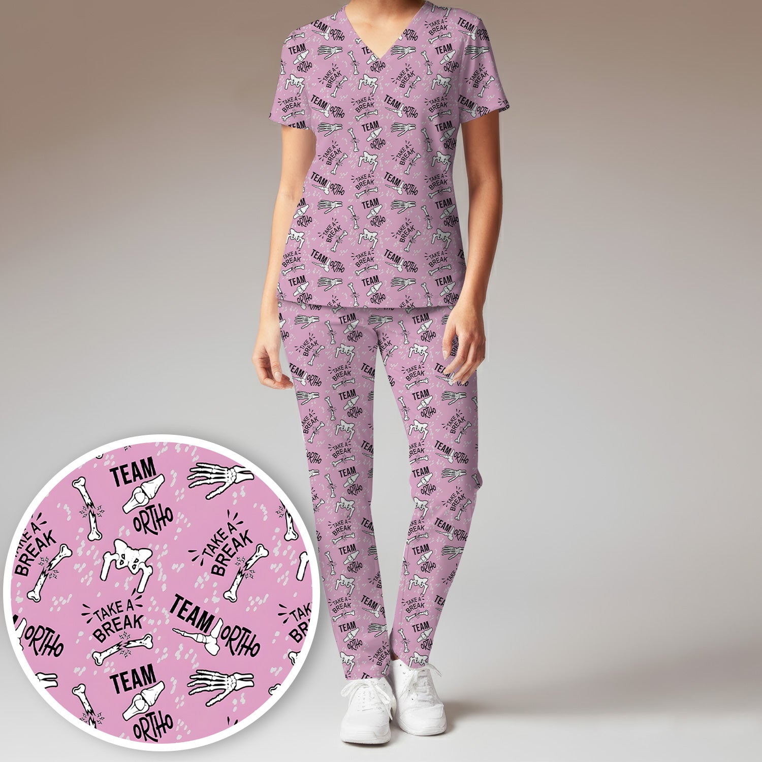 Team Ortho Bone Joint Print Scrub Top, Breathable Fabrics Nursing Uniform