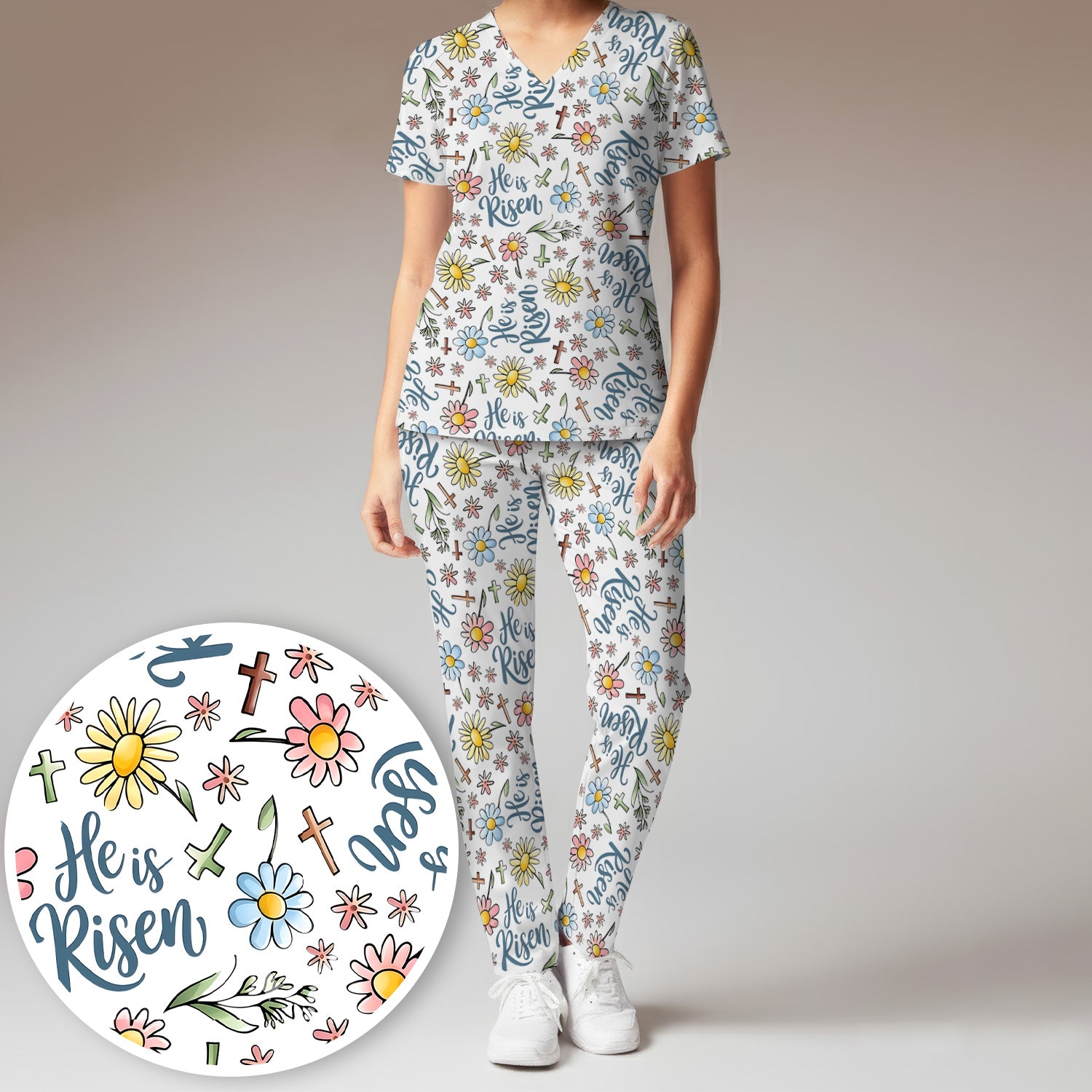 He Is Risen Cross Flower Pattern Scrub Set, Nurse Uniform Scrubs Set