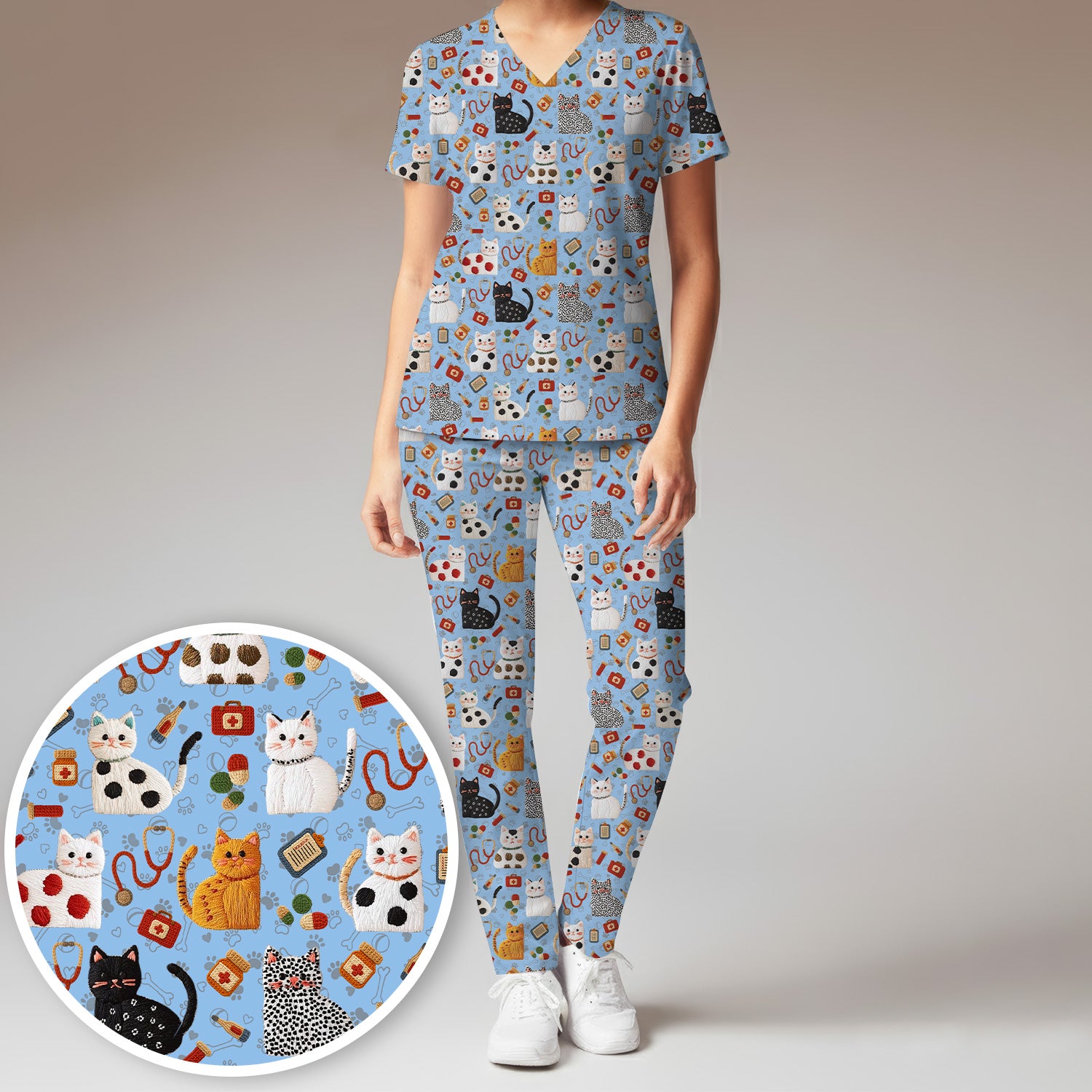Cute Cat Scrub Set – Funny Veterinary Pattern Medical Shirt – Pet Lover Uniform For RN, LPN, CNA, and Vet Staff