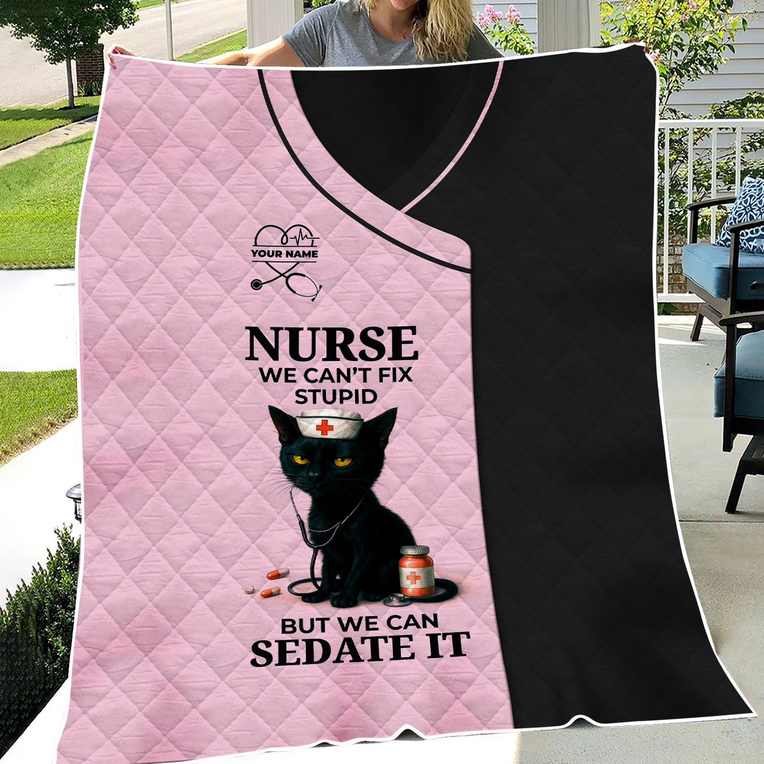 Personalized Funny Nurse Black Cat Blanket - Multiple Color Options Available - Custom Name Gift for RN CNA LPN Healthcare Workers