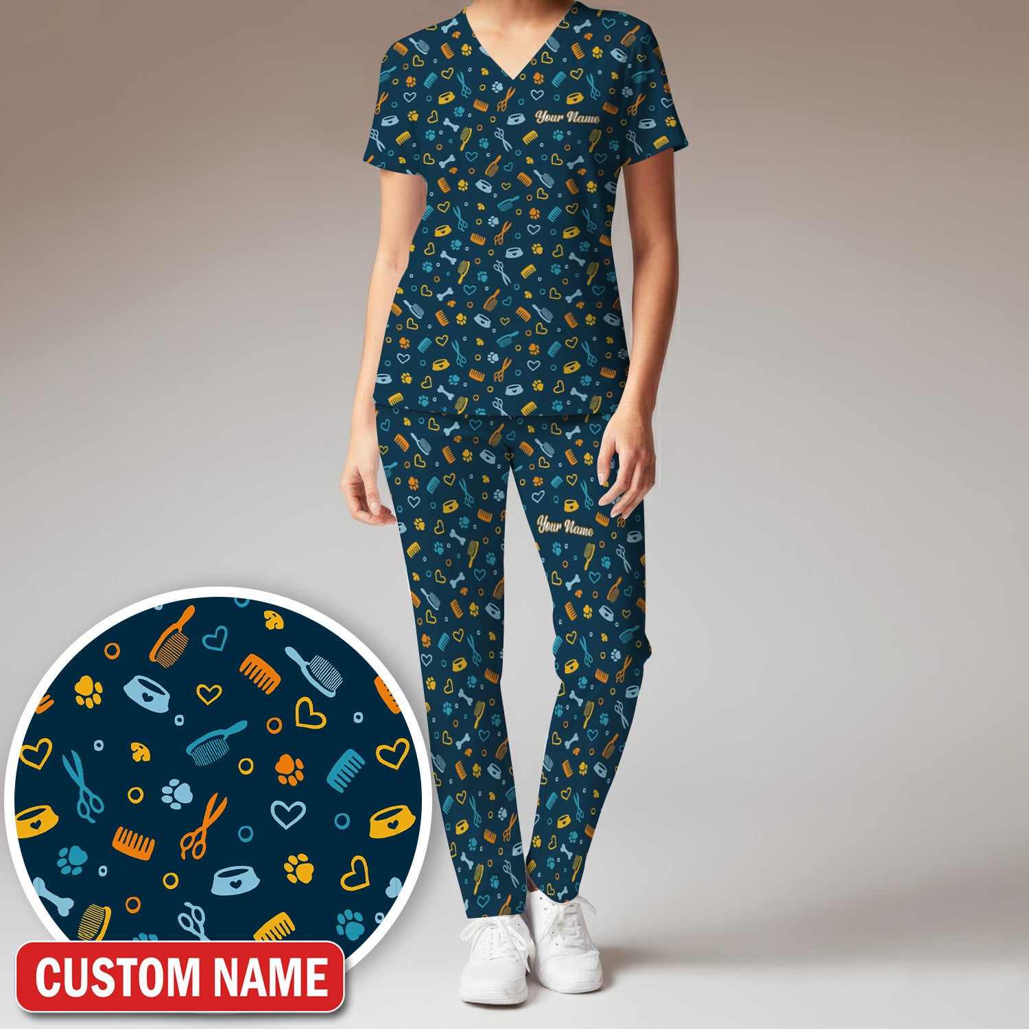 Custom Name Dog Cat Grooming Pattern Scrub Set, Scrub Pants and V Neck Top