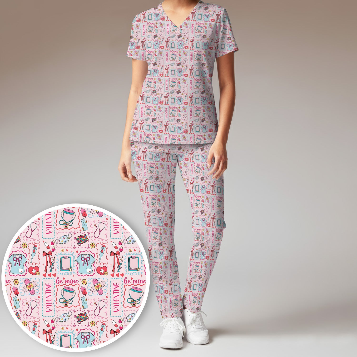 Valentine Medical Hearts Bandages Syringes Scrub Set, Breathable Med Uniform