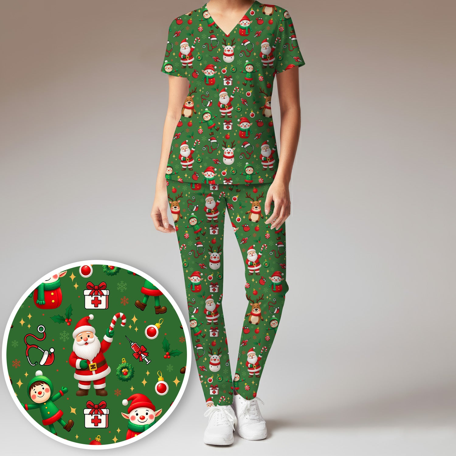 Christmas Comfortable Scrubs for Nurses - Cute Santa Reindeer Scrubs Pants and V Neck Top - Festive Holiday Med Uniform for Women