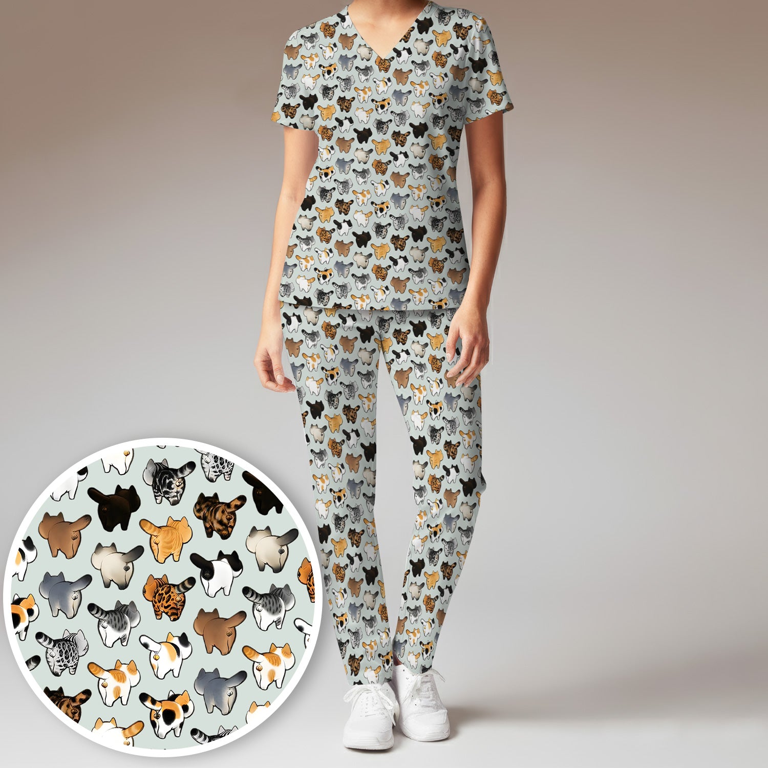 Cat Butt Pattern Medical Scrub Set, Breathable Fabrics Nursing Uniform