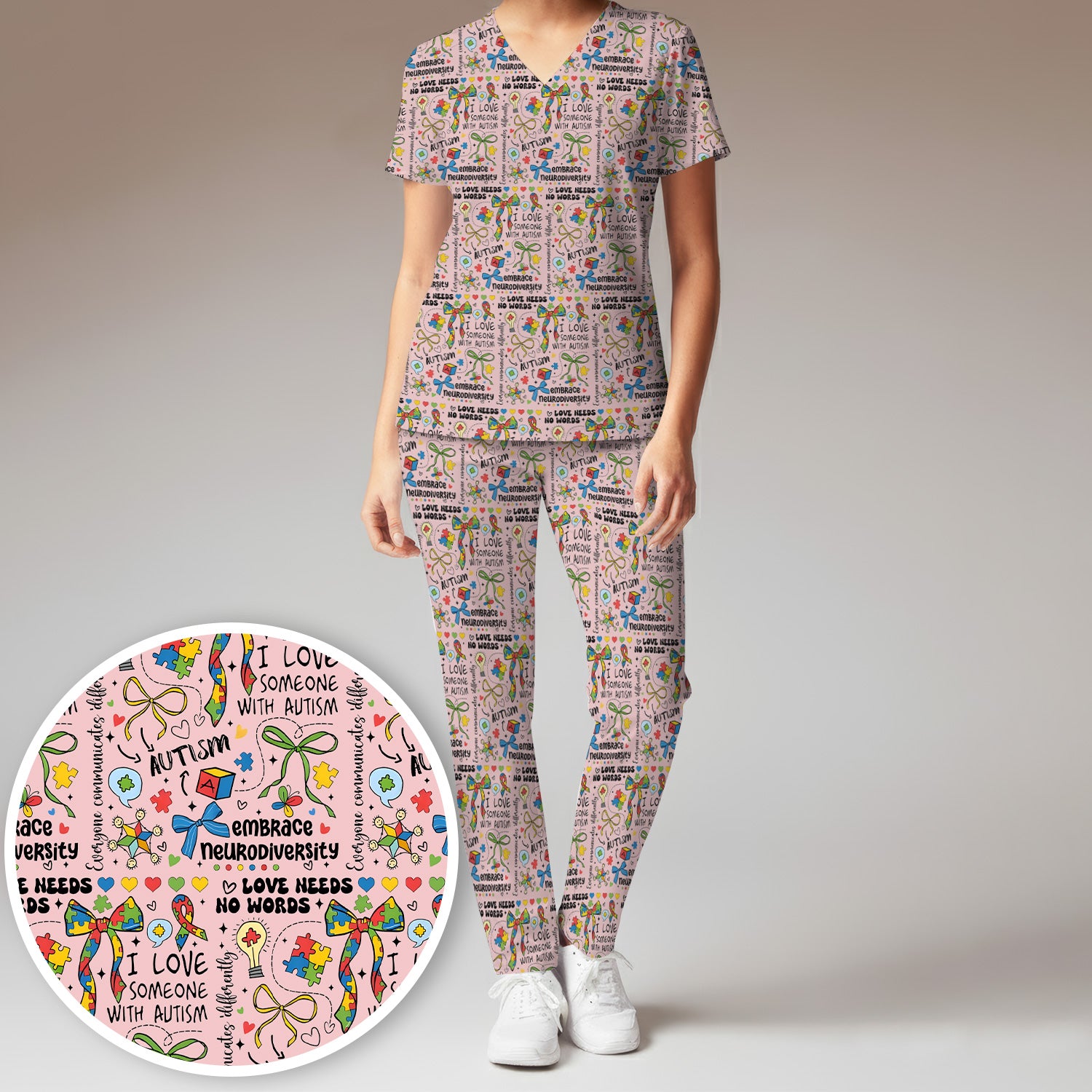 Autism Awareness Puzzle Ribbon Pattern Scrub Set, Scrub Pants and V Neck Top