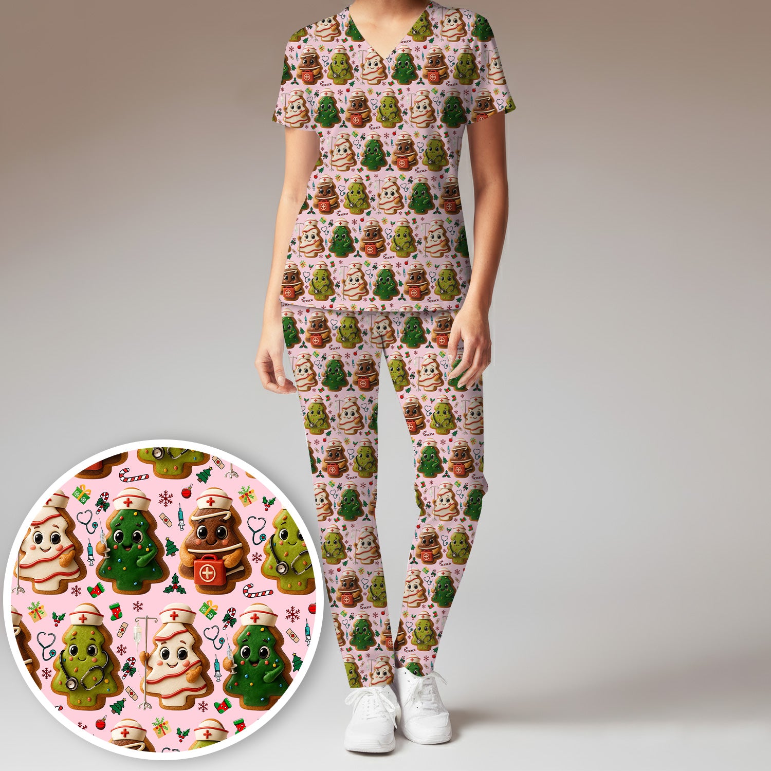 Christmas Cookie Scrub Set – Festive Nurse & Holiday Tree Pattern – Cute Medical Uniform for Nurses, Vets and Healthcare Workers