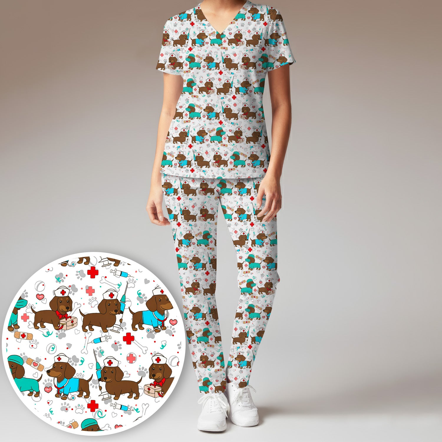 Cute Wiener Dog Dachshund Nurse Scrub Set, Funny Dachshund Dog Scrubs Shirt, Breathable Fabrics Nursing Uniform